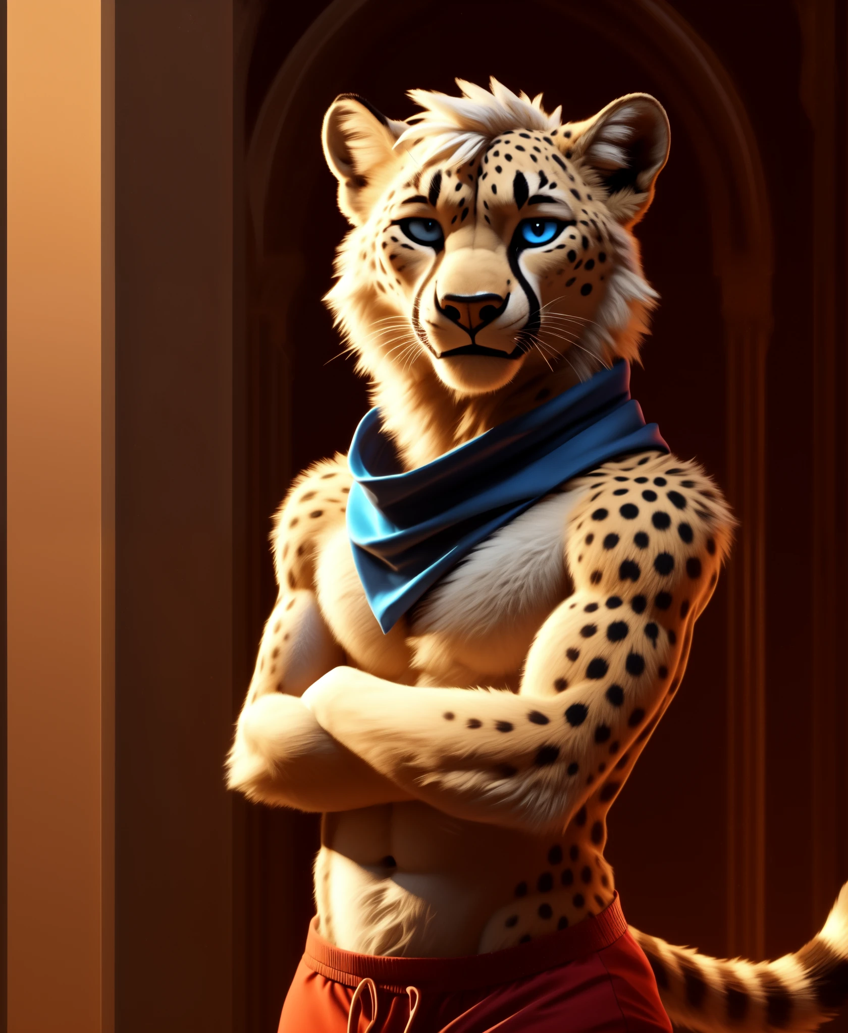 solo,male,head tilt,raised eyebrow,bedroom eyes,front view,pinup,wink,crossed arms,
(skinny, feminine, femboy) anthro male cheetah,cheetah print,cheetah ears,white fur,(white body:1.6),white hair,blue ascot,blue eyes,ear tuft,
detailed fluffy fur,(fluff:1.4),cute fangs,
pink booty shorts,
courtyard,leaning,
by kenket,by squishy,don't starve,(best quality, high quality:1.4),