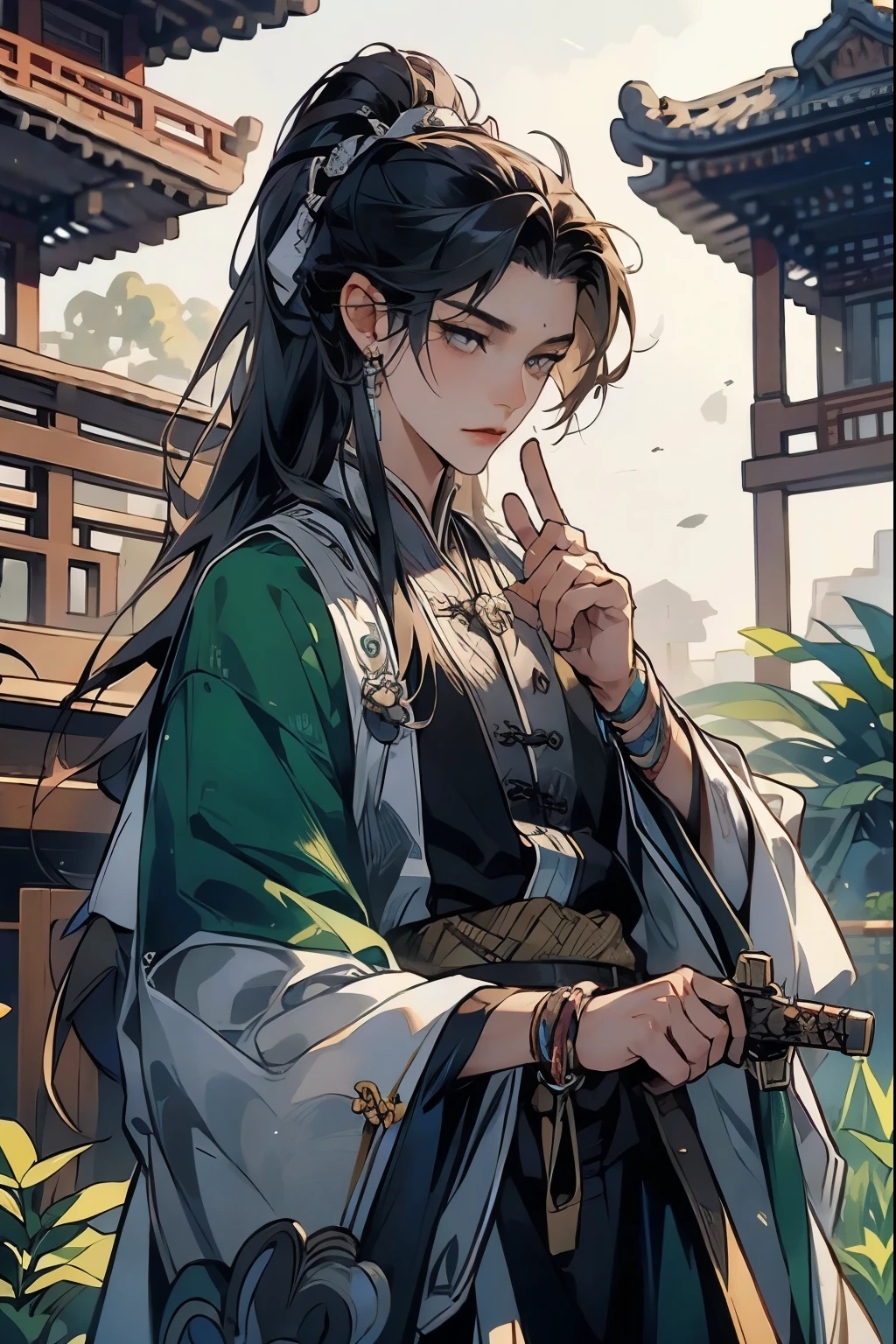 (Best quality at best,A high resolution,The image is clear，:1.2),A handsome young man holding a sword，Chinese style clothes，high ponytails，natta，Garden scene,under moonlight,starrysky