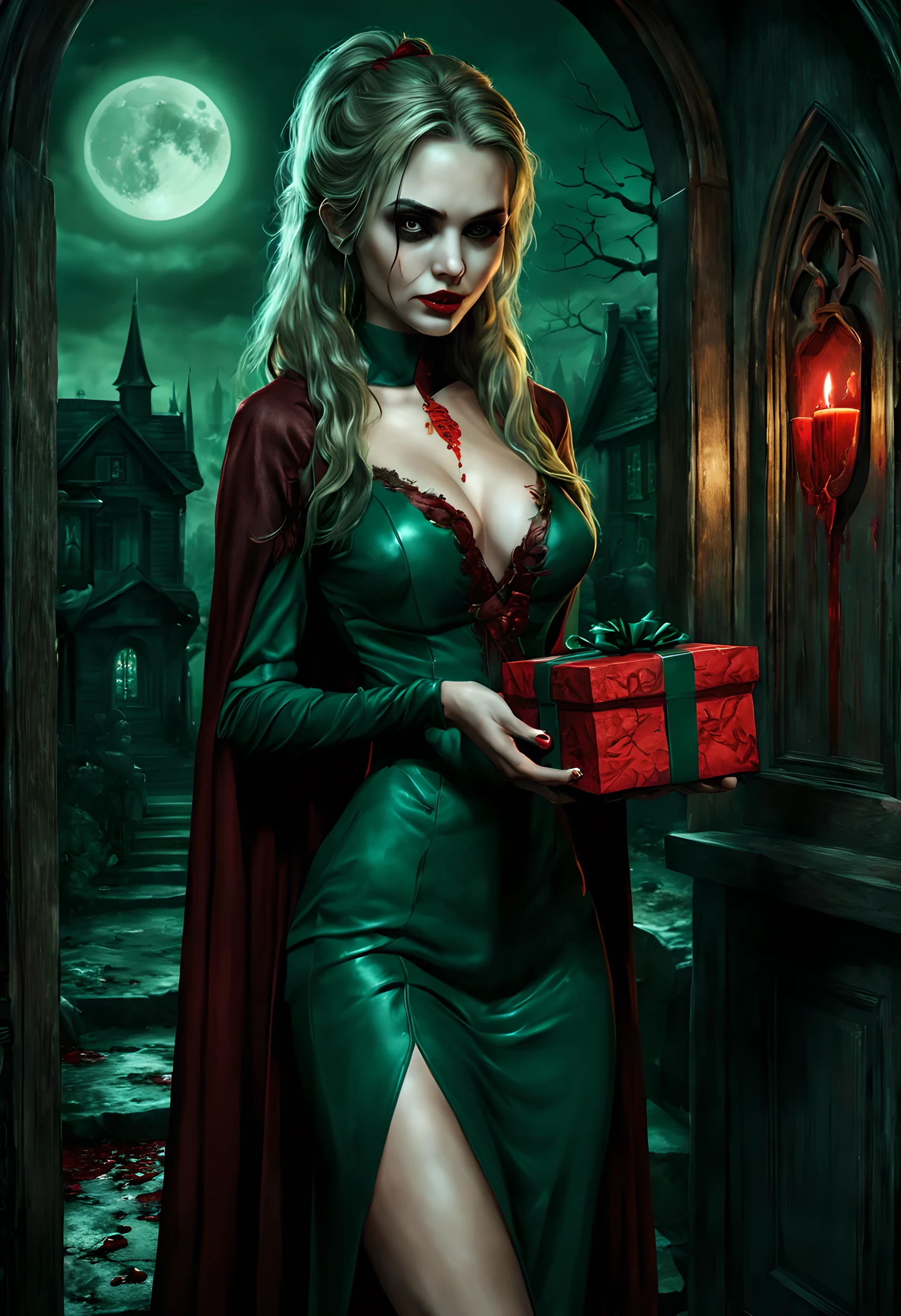 a picture of vampire standing in the front of her home holding a (blood: 1.3) dripping (gift box: 1.5), an exquisite beautiful female vampire in her front door of her home, full body (ultra detailed, Masterpiece, best quality), ultra detailed face (ultra detailed, Masterpiece, best quality), grey skin: 1.3 , blond hair, hair in a ponytail, long hair, blue eyes, cold eyes, glowing eyes, intense eyes, smile with [drops of blood on face] (ultra detailed, Masterpiece, best quality), dark red lips, [vampire fangs], wearing red dress (ultra detailed, Masterpiece, best quality), (green: 1.4) dark green cloak, (green: 1.3) green high heeled boots in front of her home, holding a white gift box  dripping red blood GlowingRunes_red (ultra detailed, Masterpiece, best quality, high details, best quality, 16k, [ultra detailed], masterpiece, best quality, (ultra detailed), full body, ultra wide shot, photorealism, luis royo style, dark fantasy art, moon light coming through the window, moon rays, gothic art, sense of dread, sense of seduction, bloodmagic
