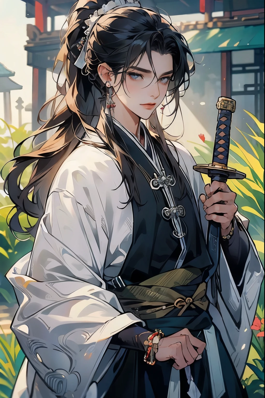 (Best quality at best,A high resolution,The image is clear，:1.2),A handsome young man holding a sword，Chinese style clothes，high ponytails，natta，Garden scene,under moonlight,starrysky