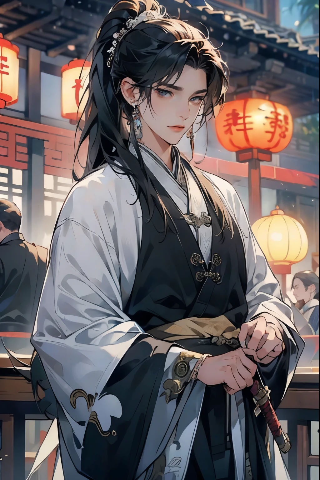 (Best quality,A high resolution,The image is clear，:1.2),A handsome young man holding a sword，Chinese-style clothes，high ponytails，natta，Garden scene,under moonlight,starrysky