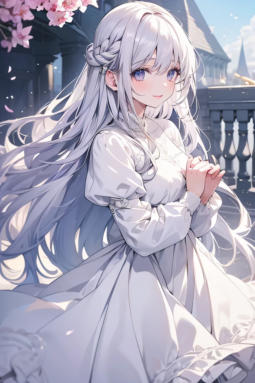 Masterpiece, Superb work, Daytime, En plein air, Falling flowers, White dress, 1 girl, Perfect woman, Silver-white long-haired woman, grey blue eyes, Pale pink lips, Cold, Serious, Bang, Purple eyes, White clothes, Black clothing collection, Delicate face, exquisite face, Standing bow, tassels, Happy knot, Smile