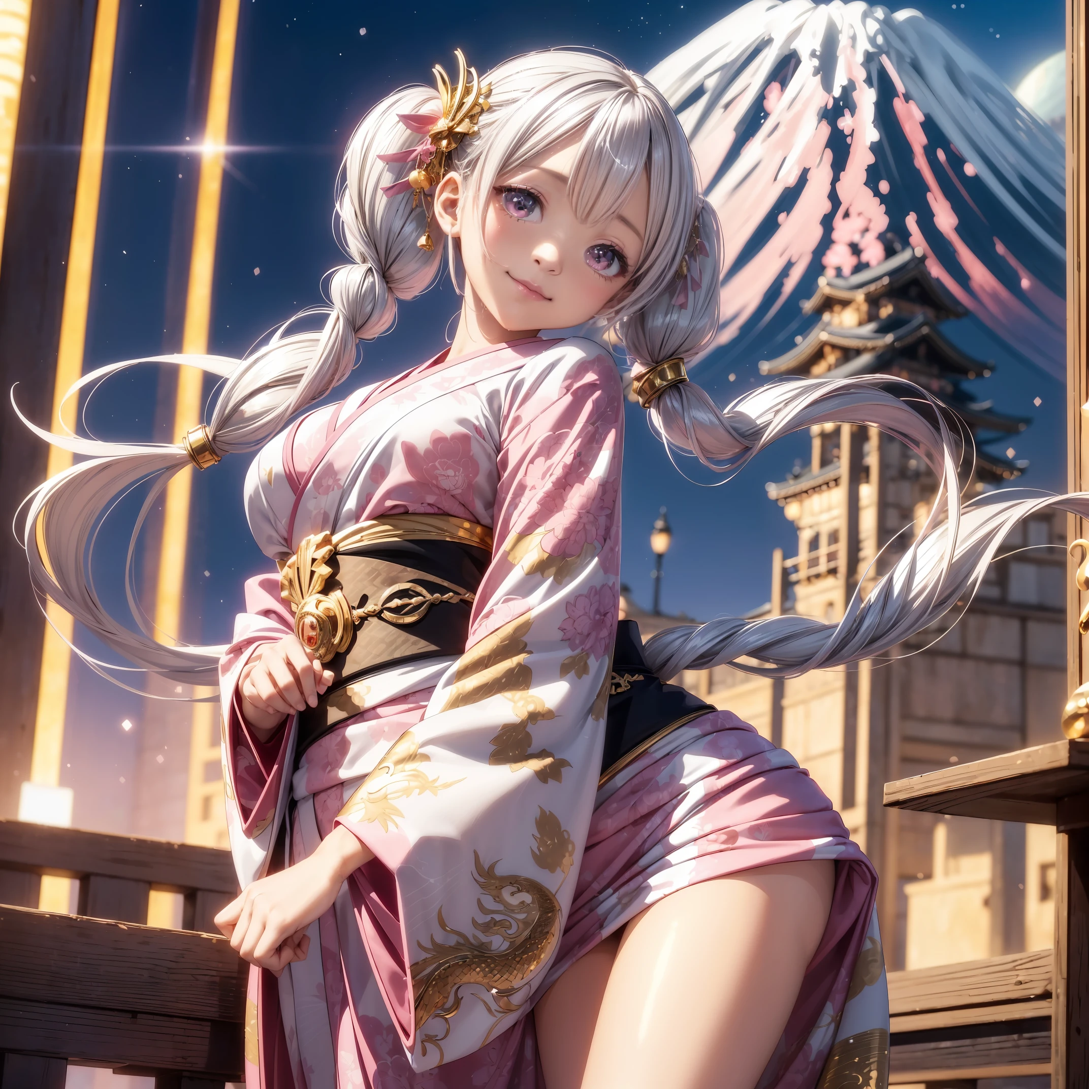 Silver hair, pink eyes, body, cat ears, sexy girl, earrings, cloud and sun background, hair bows, mitsuri, red pink kimono, bells necklace, braids