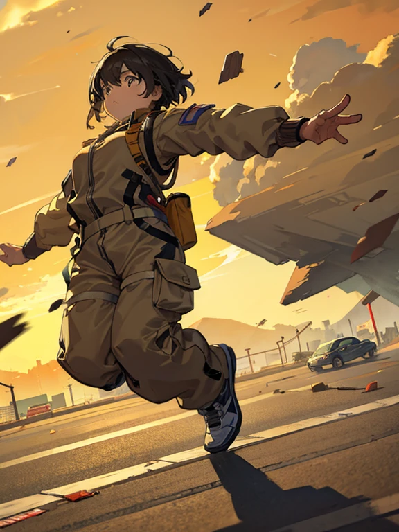Road construction guard jumping、Severely torn clothes are scattered around、Unstable buoyancy sandstorm、Amazing dynamism、Amazing Angle、