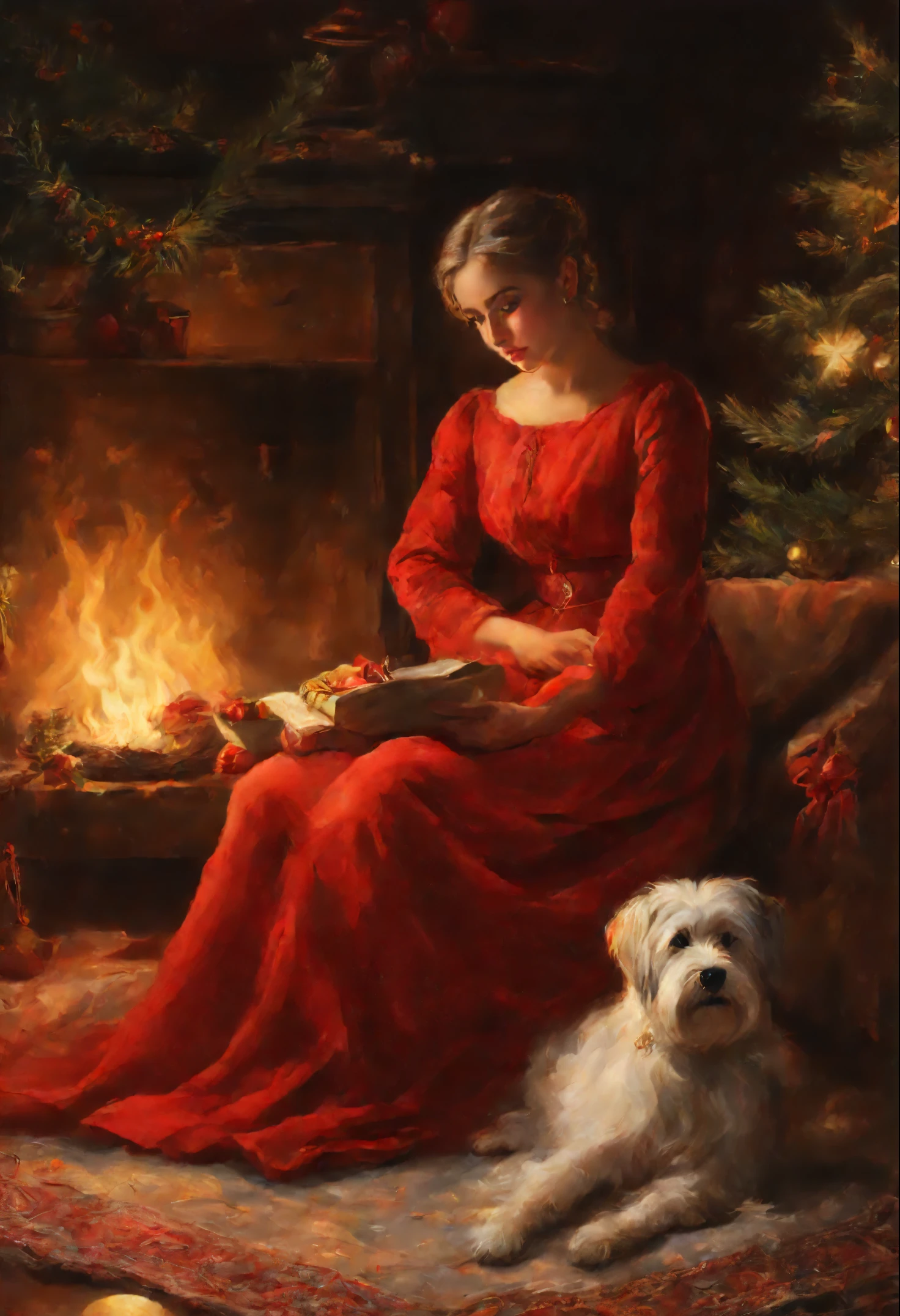 INPAINTING a woman in a red dress sitting next to a dog, christmas night, kramskoi 4 k, traditional art, by Igor Grabar, Vladimir Novak, holiday season, Yaroslava Korol, by Alexander Kucharsky, Ruth Sanderson, INPAINTING, by Maksimilijan Vanka, giving gifts to people, rob rey