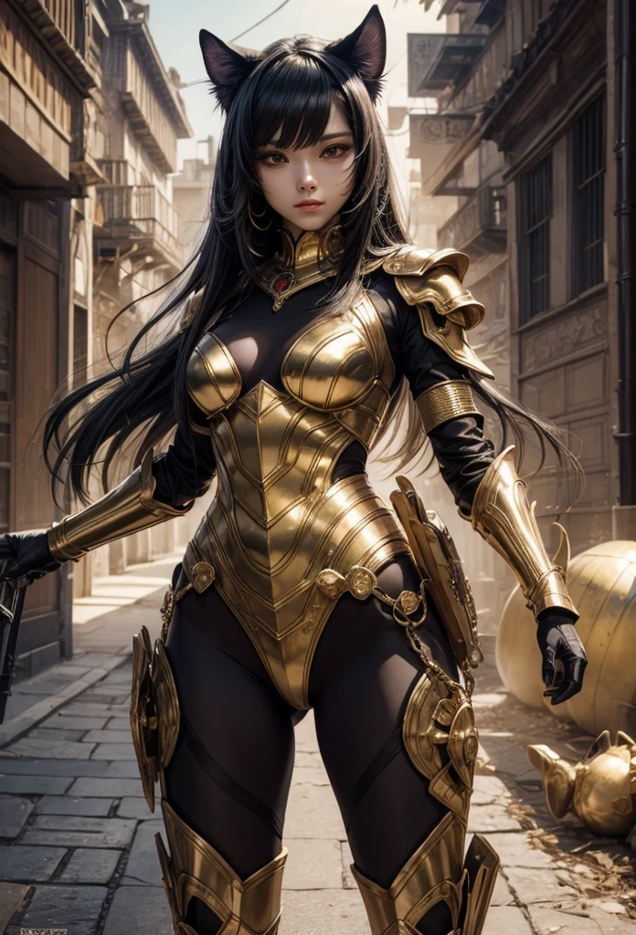 (Detailed illustrations,Very detailed and detailed drawing,Delicate lines with slow and rapid,Realistic texture expression),[Color tressed main line],[ruins background [Ancient Egypt]],HENTAI (ANIME Girl (Beautiful fece) ) cyborgs [(skin tanned) [Lustrous black hair]],((Bastet) Beautifully decorated golden cyber armor) ([Complex decorative processing] [elegent],Gorgeous golden luster (Polished reflective luster)) [Gorgeous and luxurious],gravure,[Oparts Lost Technology [Hierograph]],(複雑でBeautiful fece装飾 [Dense detail]),(きめ細やかでBeautiful fece肌表現 [Transparency]),[完璧な目のdetaileds (Iris beautifully drawn in every detail)[Jewel-like eyes]],[長くてBeautiful fece睫毛],[Meticulously drawn hair [美しく艷やかな髪のdetaileds]],(完璧な手のdetaileds [破綻のないBeautiful fece指 [Beautiful nails]]),(Perfect Anatomy(Perfectly proportioned))[[Full body like]],[[Design built to the highest level]][Ideal color coordination(Accurate simulation of light-material interactions)],([Precision Detail](detaileds,high-detail)),[Visual art that conveys a sense of narrative].