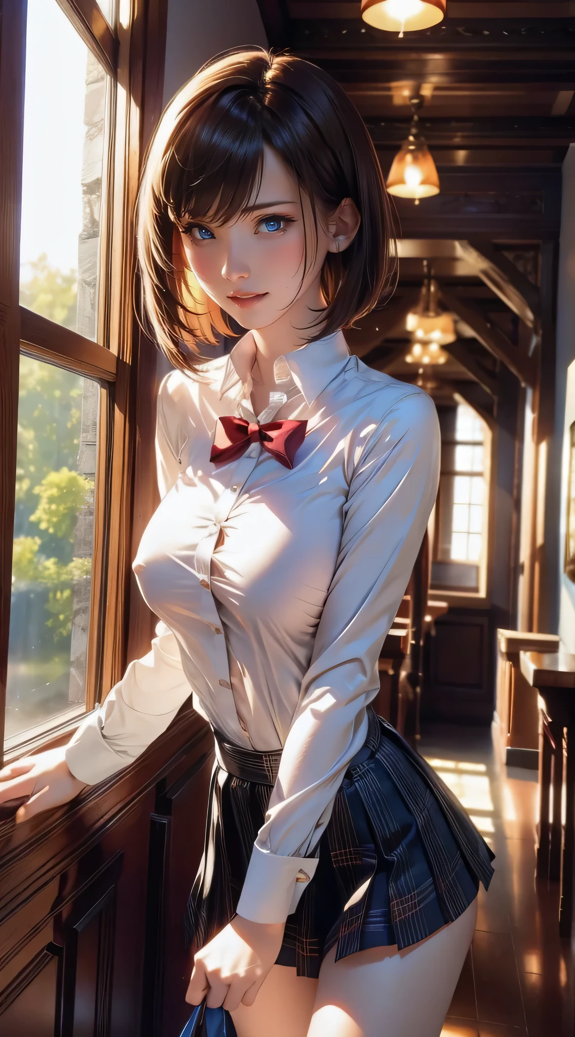 Random Action Pose,From below,(Cinematic scene,Fantasy Art,Highest image quality,hyperrealistic portrait,(8K),Ultra-realistic,Best Quality,High quality,High Definition,high quality texture,high detailing,Beautiful detailed,fine detailed,extremely details CG,Detailed texture,realistic representation of face,masutepiece,presence,Dynamic,Bold),Ultra detailed skin,(Curve,Petite),Beautiful breasts,(Large breasts:1.2),pale skin,pointed breast,Erect nipples,Short hair,(super thin hair),(ultra soft hair),(ultra straight hair),Swept long bangs,very light coppery amber hair,Hair over one eye,(Clothed:1.5),School uniform