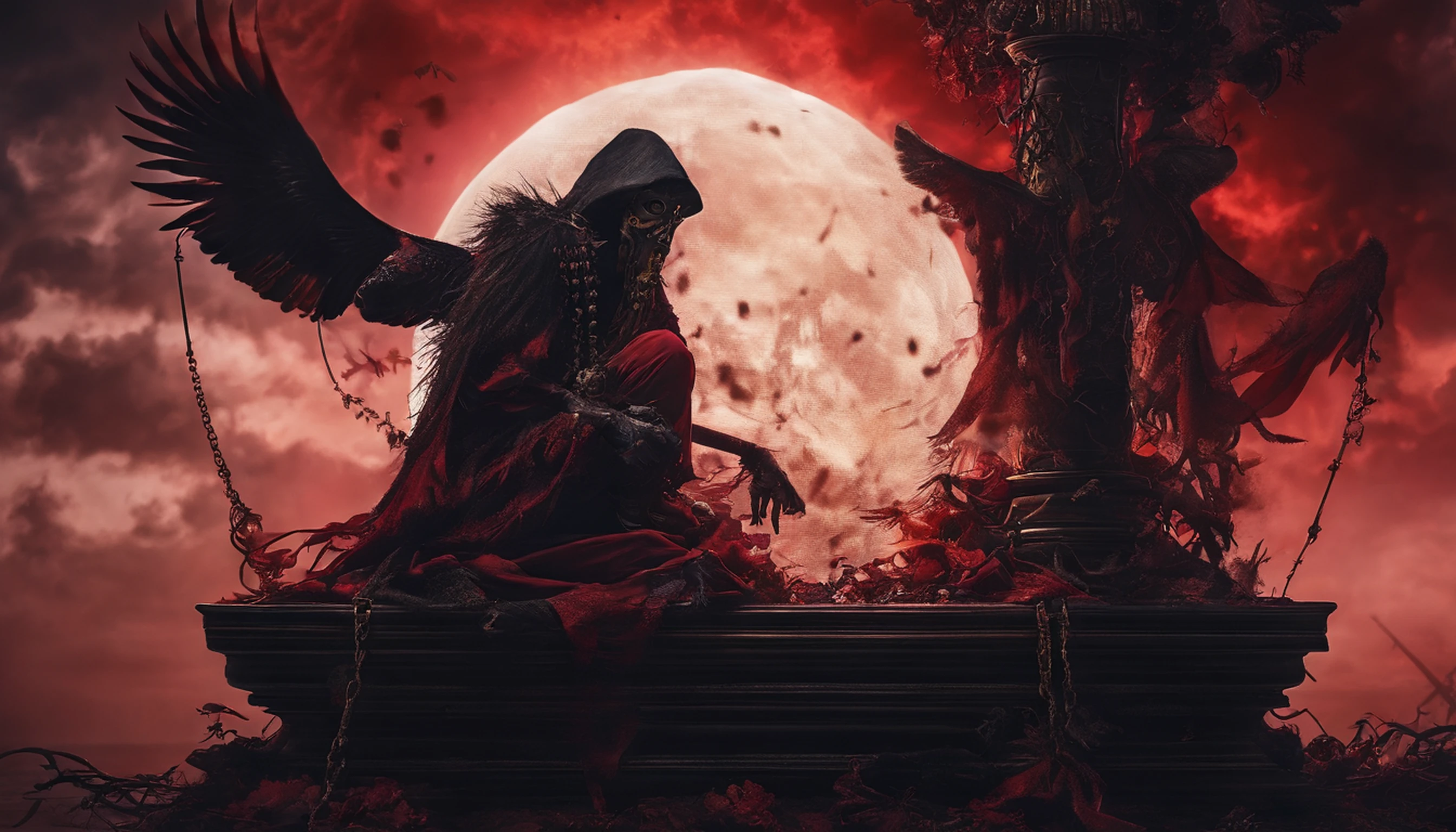 A crow is sitting on a large skull suspended from chains., photorealistic dark concept art, apocalyptic art, highly realistic concept art, detailed 4k horror artwork, 4Kighly detailedなデジタルアート, 4k concept art and hyperrealism, stylized fantasy artwork, Spooky nostalgic concept art, Surreal concept art, Blood gushes out、look up sky, World of Death, Reminiscent of death, the chaos、red fluid、Ash is fluttering、Floating debris、Giant float、World of Death、Grave marker of the cross、(Photo Real:1.4)、taken with canon 5d mk4, taken with canon eos 5 d mark iv, Shot with Canon EOA 6 D Mark II, ighly detailedな顔と肌の質感、 Detailed eyes、二重まぶた、ighly detailed, finely detail, ​masterpiece, top-quality, ultra-detailliert、Dust、the wind