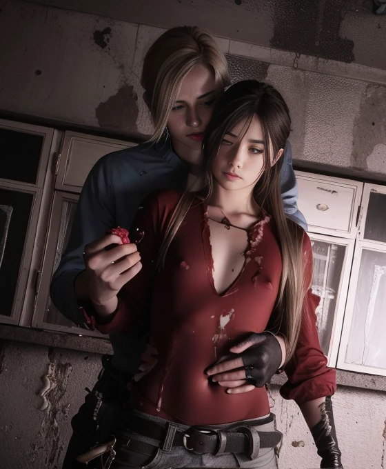 pretty  face, s the perfect face, Small smile, A blonde long-haired，Crop topping，Being held hostage，red belly button，Stomach injury，There is blood on the body，and there is blood on the corners of your mouth