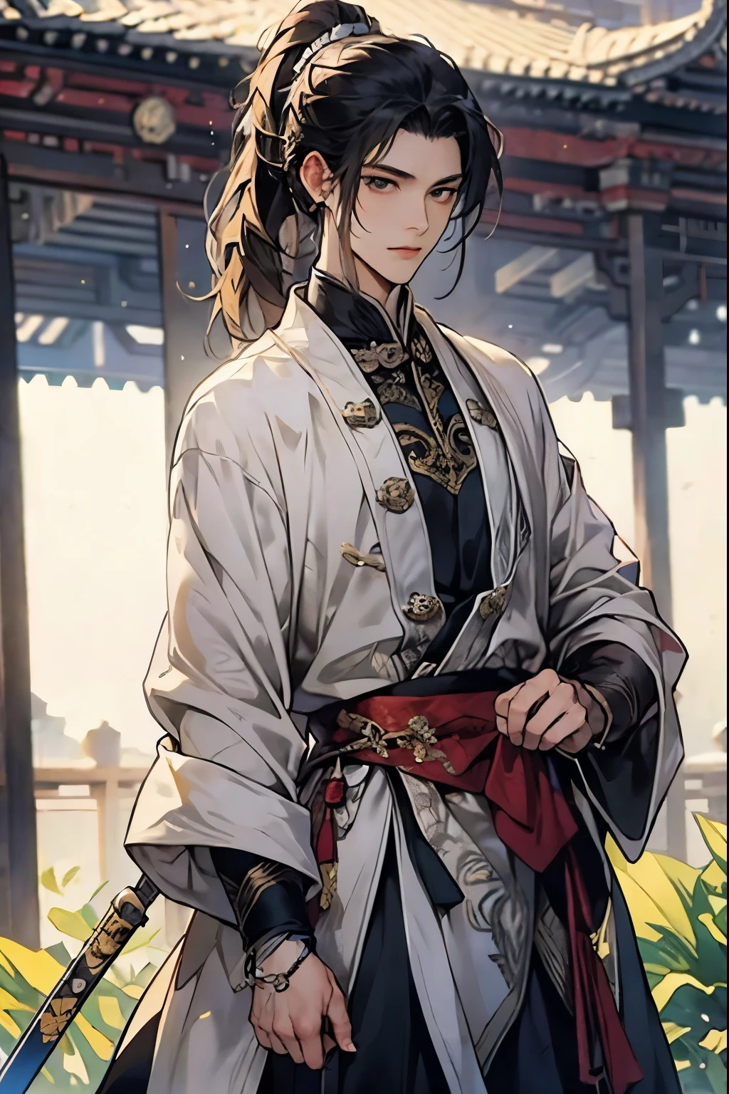 (Best quality,A high resolution,The image is clear，:1.2),A handsome young man holding a sword，Chinese-style clothes，high ponytails，natta，Garden scene,under moonlight,starrysky