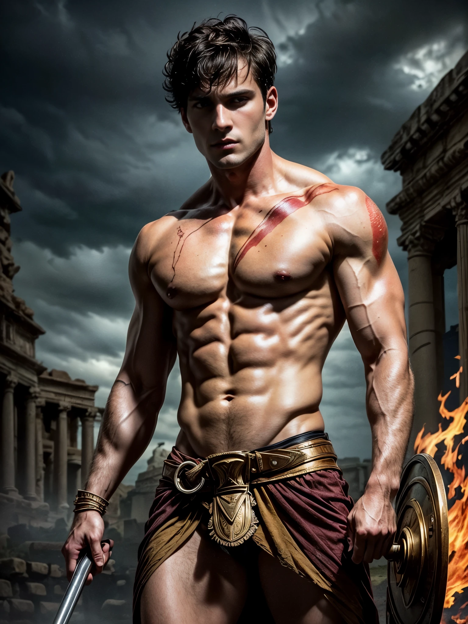 ((masterpiece)),((best quality)),8k, high detailed, ultra-detailed, Stylish Pose, real skin texture, dark cinematic lighting, full body shot, 35 mm lens, night, dark night, masculine, 26-year-old Italian male model, handsome Roman, he is the god of war, he is Ares, Mars, evil-looking, strong look, light green eyes, emerald green eyes, strong jawline, square jaw, dressed as a gladiator, ancient gladiator, male gladiator skirt, shaved face, (buzz cut hair:1.4), short wavy hair, dark brown, shirtless, top naked, smoke, fire, open field, battle, background, blood on his chest, , , flawless skin, high detail, destroyed ancient Rome, ancient army in the background, dark storm, dark atmosphere, dark cloudy night,,,,,Depth of field