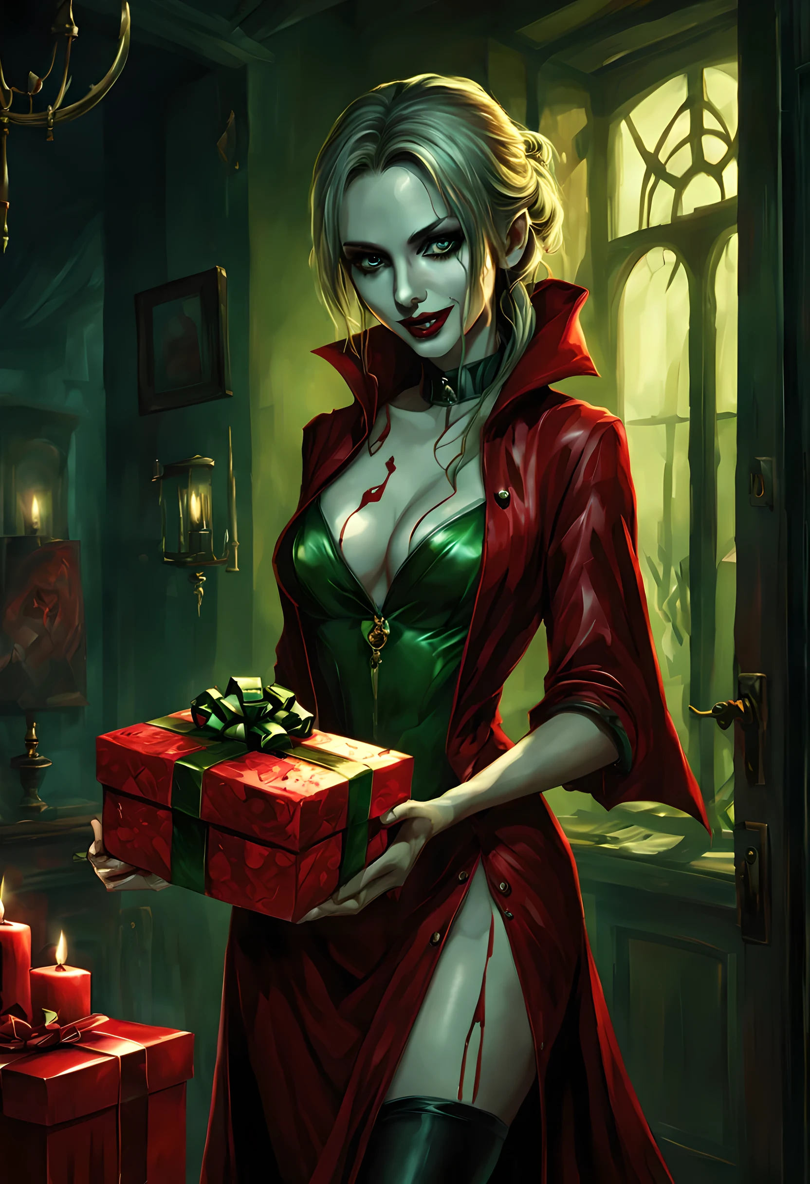 a picture of vampire standing in the front of her home holding a (blood: 1.3) dripping (gift box: 1.5), an exquisite beautiful female vampire in her front door of her home, full body (ultra detailed, Masterpiece, best quality), ultra detailed face (ultra detailed, Masterpiece, best quality), grey skin: 1.3 , blond hair, hair in a ponytail, long hair, blue eyes, cold eyes, glowing eyes, intense eyes, smile with [drops of blood on face] (ultra detailed, Masterpiece, best quality), dark red lips, [vampire fangs], wearing red dress (ultra detailed, Masterpiece, best quality), (green: 1.4) dark green cloak, (green: 1.3) green high heeled boots in front of her home, holding a (white: 1.4) gift box  dripping red blood GlowingRunes_red (ultra detailed, Masterpiece, best quality, high details, best quality, 16k, [ultra detailed], masterpiece, best quality, (ultra detailed), full body, ultra wide shot, photorealism, luis royo style, dark fantasy art, moon light coming through the window, moon rays, gothic art, sense of dread, sense of seduction, bloodmagic