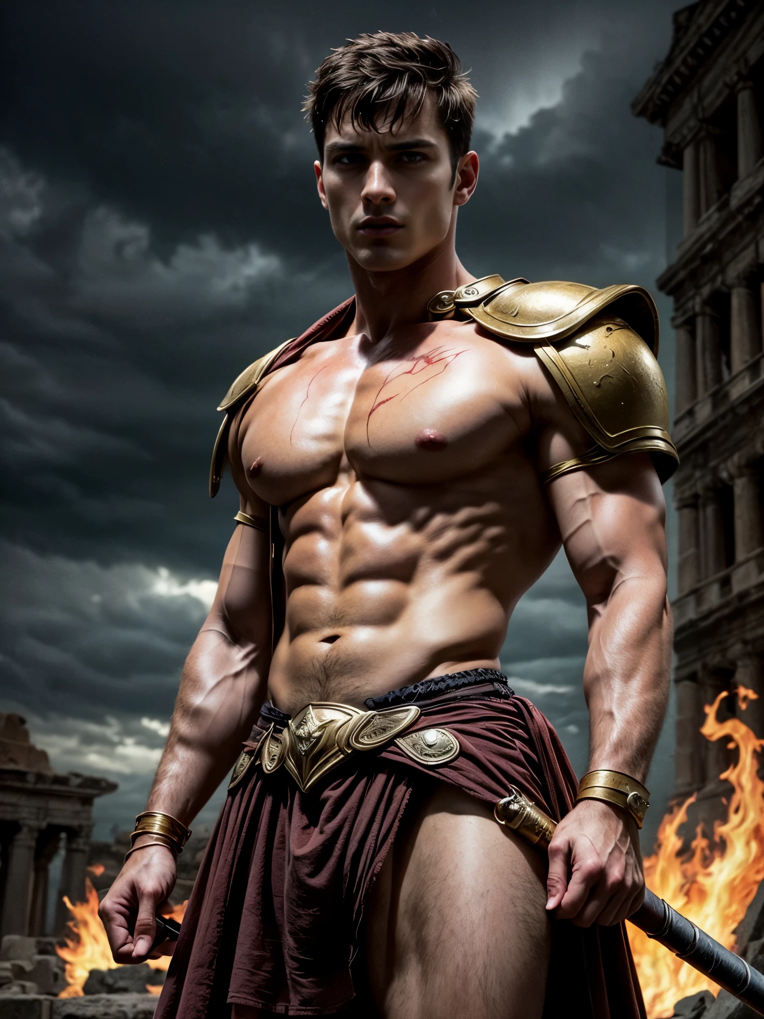 ((masterpiece)),((best quality)),8k, high detailed, ultra-detailed, Stylish Pose, real skin texture, dark cinematic lighting, full body shot, 35 mm lens, night, dark night, masculine, 26-year-old Italian male model, handsome Roman, he is the god of war, he is Ares, Mars, evil-looking, strong look, light green eyes, emerald green eyes, strong jawline, square jaw, dressed as a gladiator, ancient gladiator, male gladiator skirt, shaved face, (buzz cut hair:1.4), short wavy hair, dark brown, shirtless, top naked, smoke, fire, open field, battle, background, blood on his chest, , , flawless skin, high detail, destroyed ancient Rome, ancient army in the background, dark storm, dark atmosphere, dark cloudy night,,,,,Depth of field