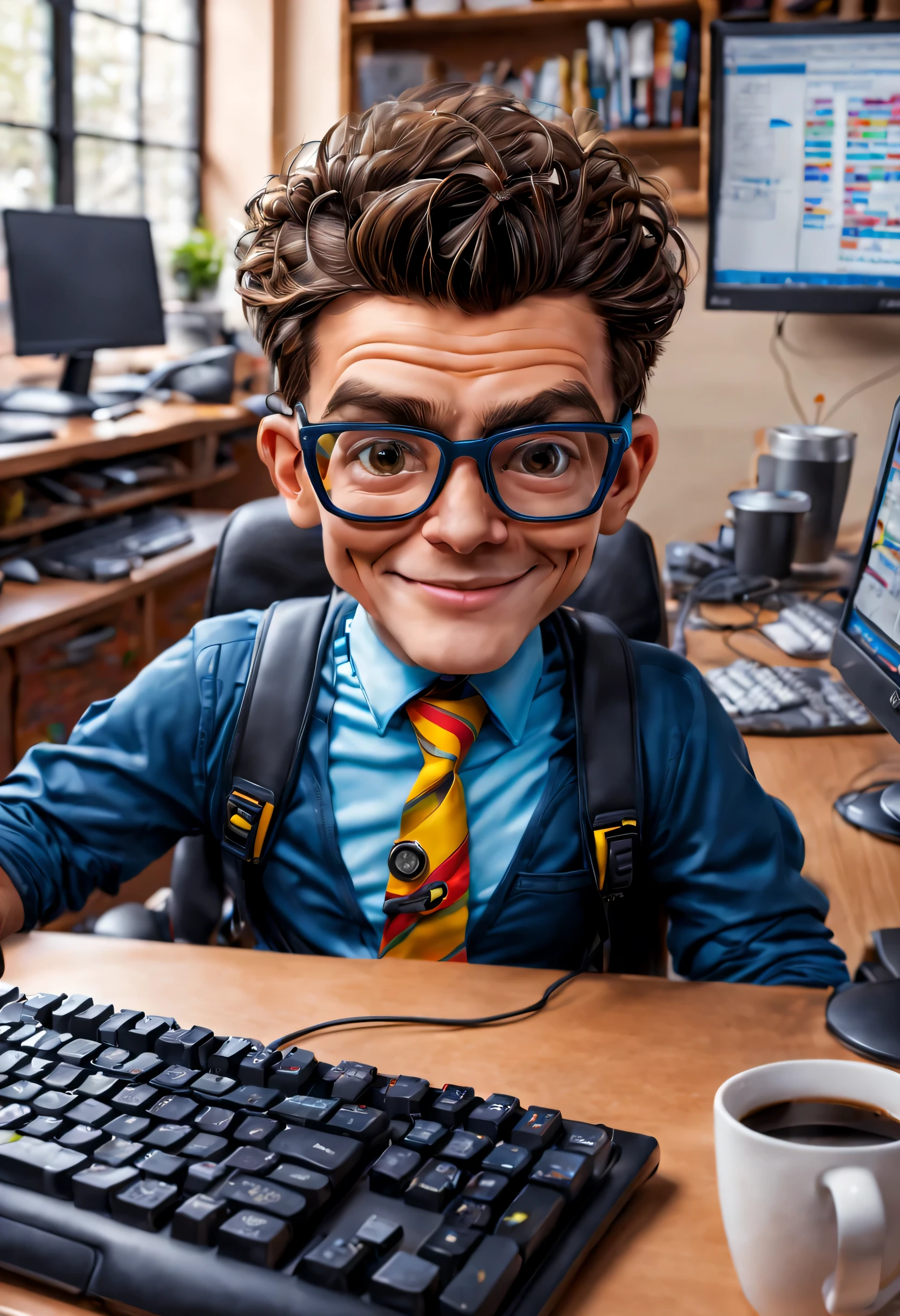 Foto premiada, una caricatura colorida y divertida de un joven programador sentado en su escritorio. sobre la mesa: una computadora que consta de (1 teclado, 1 monitor, 1 cup of coffee), Piel detallada, poros de la piel, Gafas graduadas, intrincado, foco nítido, Altamente detallado, ..3D.