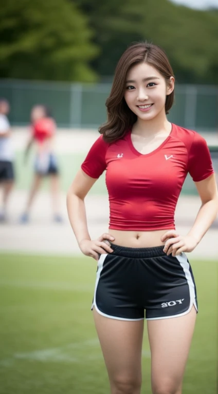 A woman with the same face as last time,4K、1Man Woman、A slender、 Loose wavy styling, Ecstatic expression、Photo wearing red and white shirt and shorts, white t-shirt with red sleeves, Tight shirt, Open V chest clothes,I'm not wearing anything inside、Be braless、 Sporty, sports wear, Short sleeves, white red, wearing white v - neck top, mid shot portrait, In shorts, かわいいsports wear, Tight shirt, taken with sony alpha 9, perfectly proportions, 、captivating and enticing、FULL BODYSHOT、Including face and skin texture.,Detailed eyes、A smiling face