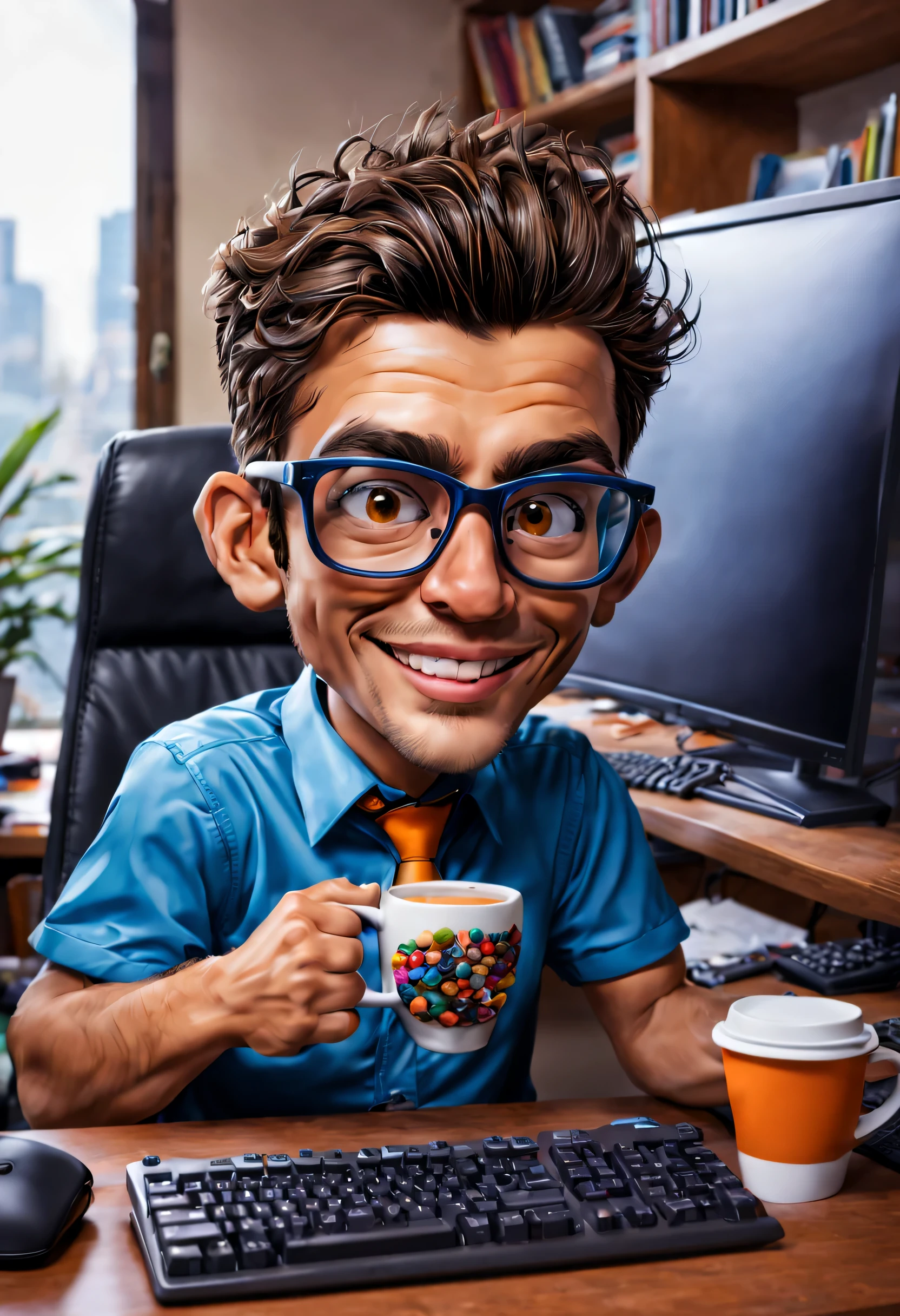 Foto premiada, una caricatura colorida y divertida de un joven programador sentado en su escritorio. sobre la mesa: una computadora que consta de (1 teclado, 1 monitor, 1 cup of coffee), Piel detallada, poros de la piel, Gafas graduadas, intrincado, foco nítido, Altamente detallado, ..3D.