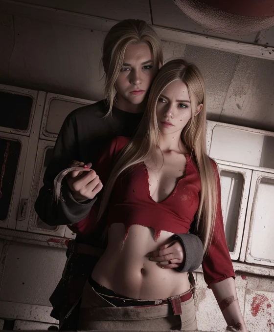 Nice face, is a perfect face, Small smile, A long blonde hair，Crop topping，Hostaged，Navel red，stomach injury，There is blood on the body，There is blood at the corner of your mouth，Bleeding from the belly button eye，There is blood in the stomach，There is blood on the fingertips