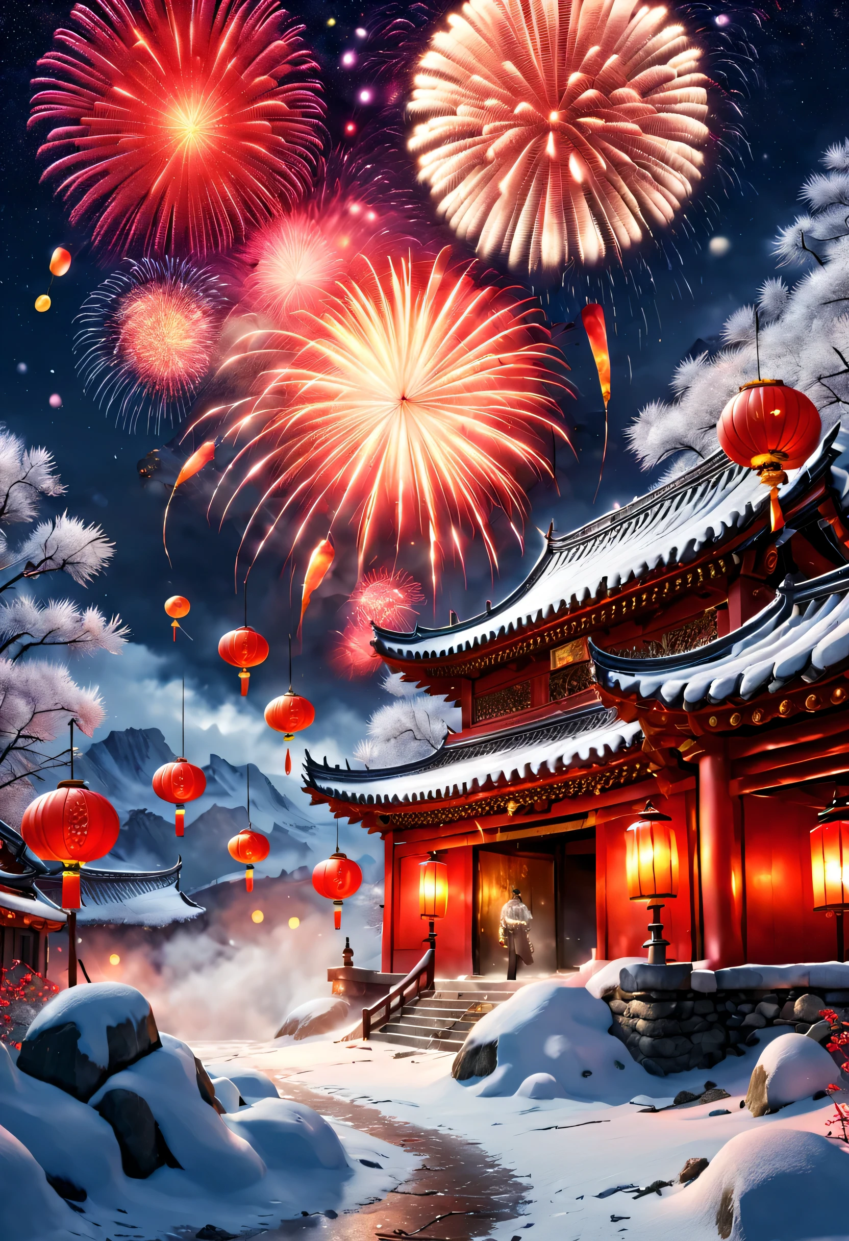 Rock sugar gourd，Background with：东北rustic庙会节日Fireworks explode on a snow-covered night,Fireworks explode on a snow-covered night，Big red lanterns hung high，The content is very detailed, Best quality at best, A high resolution, tmasterpiece, photographyrealism, 8K, Perspectives, rustic,