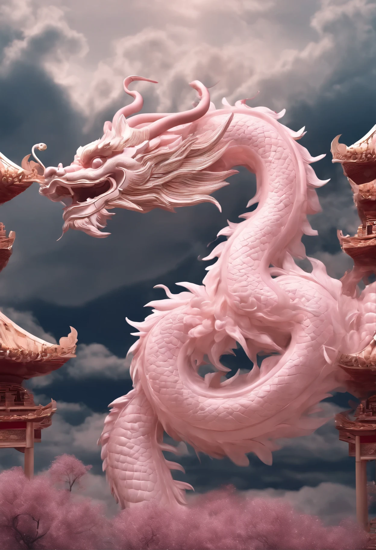 Chinese dragon, glass style, background full of oriental zen imagery, delicate auspicious clouds, minimalism: 2, C4D rendering, surrealism, master work, cinematic lighting, ultra high definition, fine details, color grading, 32K HD, Side view: 2-ar 3:4-niji 5 Chinese Dragon, in a white and pink style, with a background full of Eastern Zen imagery, exquisite auspicious clouds, minimalism: 2, C4D rendering, surrealism, master level work, movie lighting , ultra-high definition, fine details, color grading, 32K HD, side view: 2 --ar 3:4 --niji 5, BadDream, crystalline
