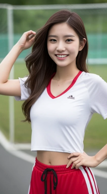 A woman with the same face as last time，４Ｋ、１Man Woman、A slender、 Loose wavy styling, Ecstatic expression、Photo wearing red and white shirt and shorts, white t-shirt with red sleeves, Tight shirt, Open V chest clothes,I&#39;m not wearing anything inside、Be braless、 Sporty, sports wear,Closely attached、 Short sleeves, white red, wearing white v - neck top, mid shot portrait, In shorts, かわいいsports wear, Tight shirt, taken with sony alpha 9, perfectly proportions, 、captivating and enticing、FULL BODYSHOT、Including face and skin texture.，Detailed eyes、A smiling face