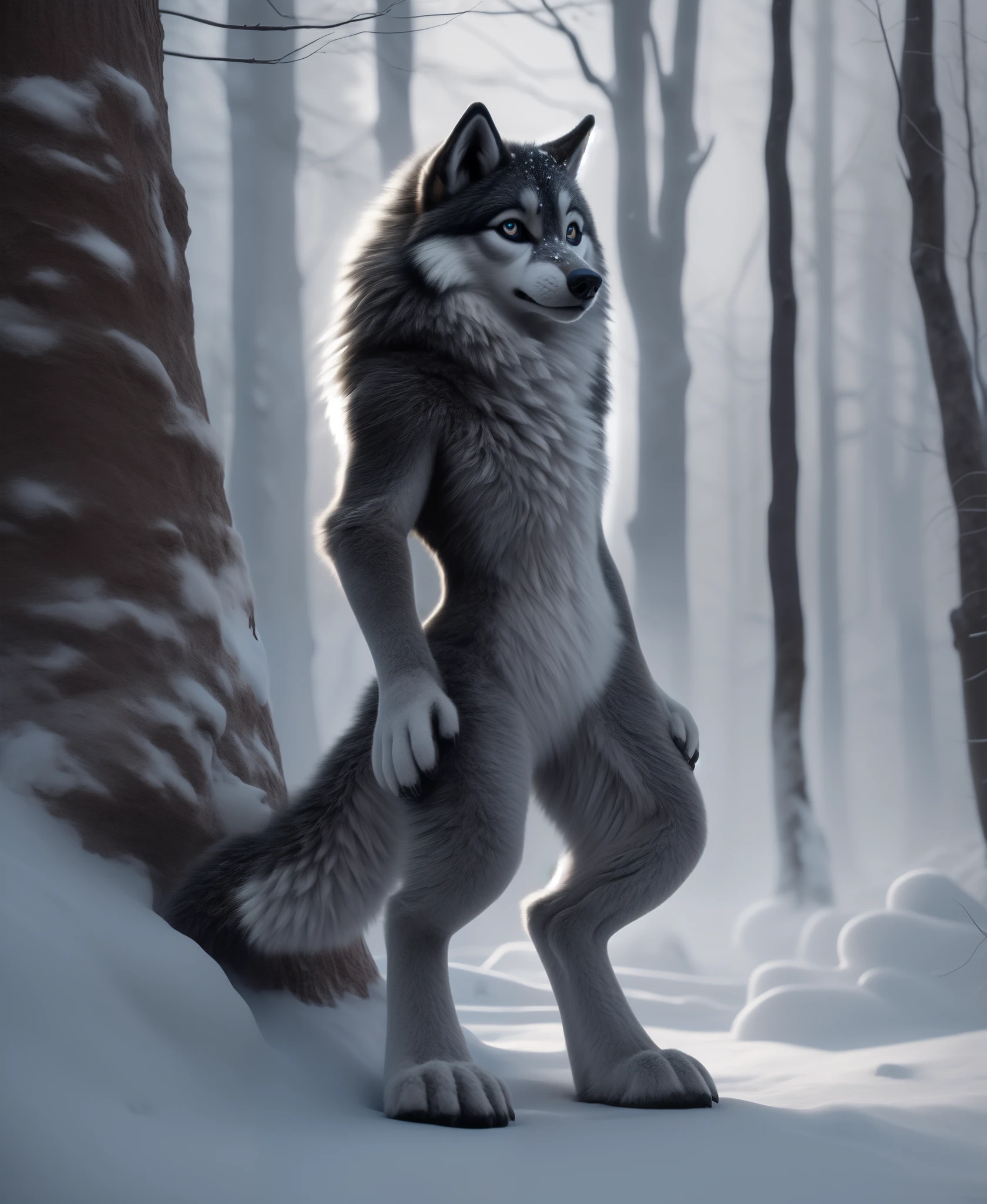 detailed,art drawing of a cute wolf female,detailed grey furr,small breasts,detailed hands,detailed face,detailed beautiful eyes,full-body pose,standing leaning back against the tree,snowy forest,