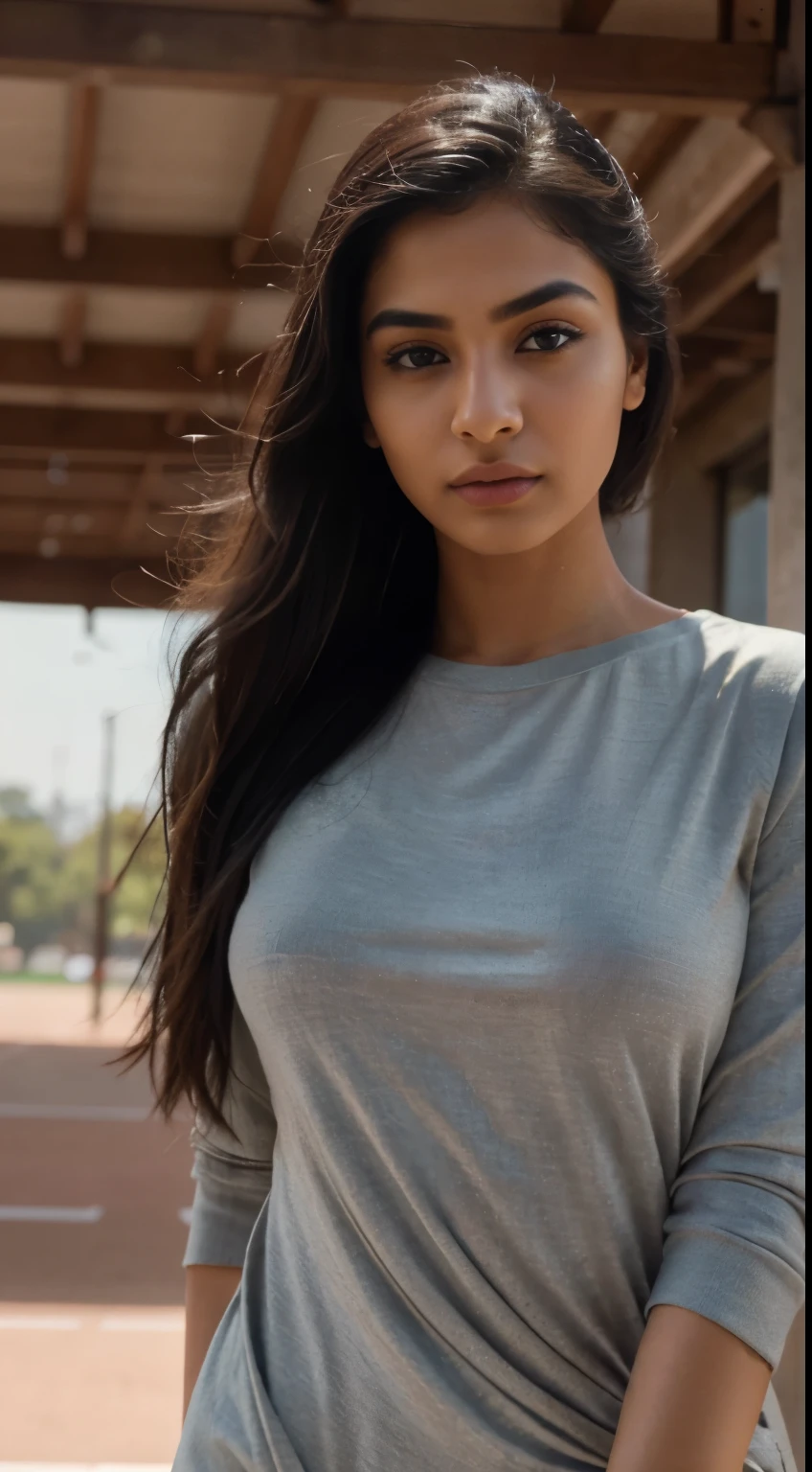 ultra-realistic photographs,Indian Instagram female model,mid 20s,9:16,mid-shot,beautiful detailed eyes,detailed lips,longeyelashes,black pull up and tied hair, naturally full eyebrows,perfectly formed nose,expressive face,attractive appearance,confident and elegant posture,graceful movement,vibrant and track dress, trackfield background, serene atmosphere,stunning architecture,soft and natural lighting,vivid colors,photorealistic,HDR,highres,studio lighting,ultra-detailed,bokeh,fully covered clothes