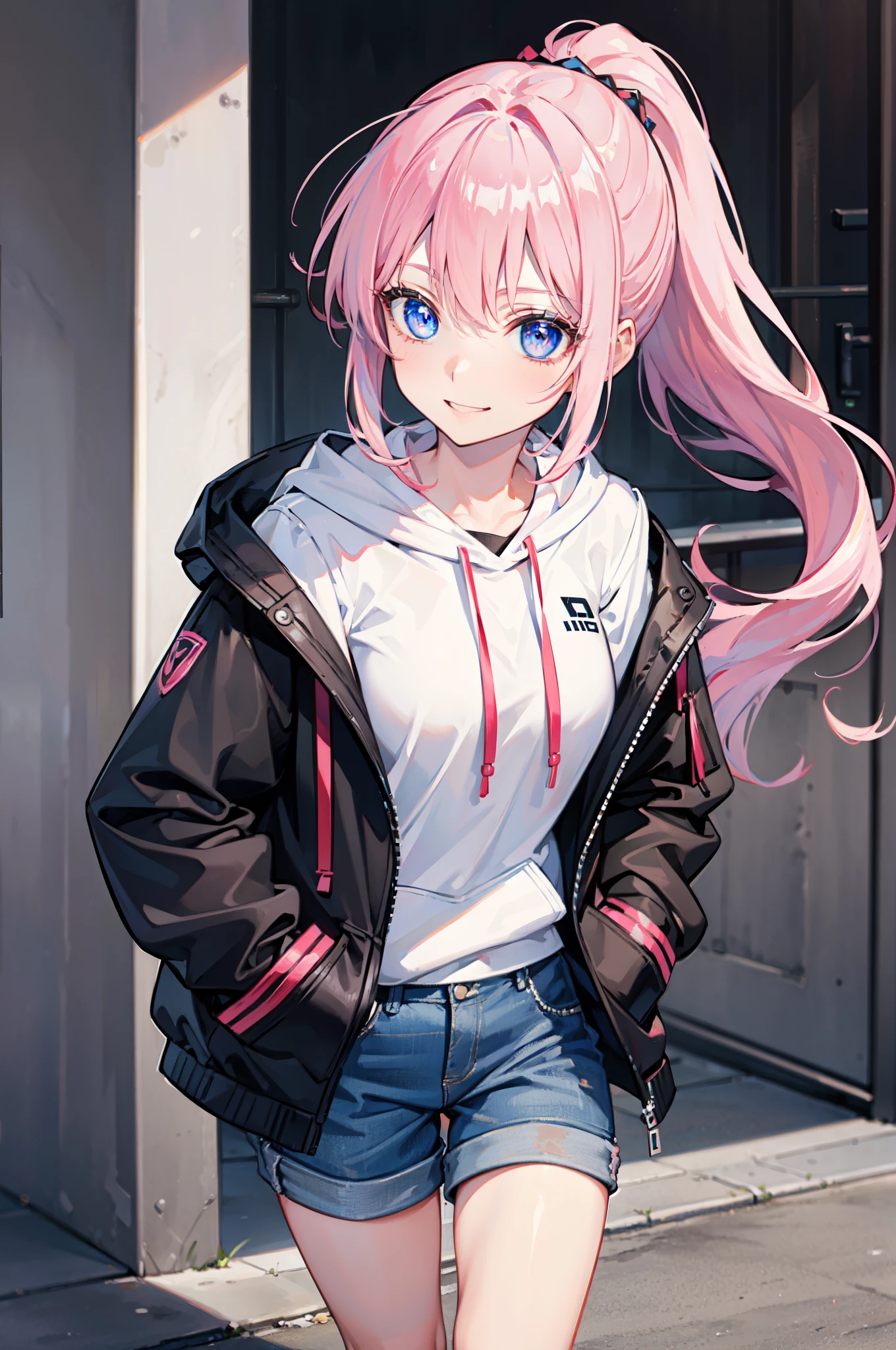(((masterpiece))), 4k res, highly detailed, (((extremely detailed eyes))), hands on pockets, detailed background, crystal clear eyes, high quality, 1girl, solo, anime girl, best quality, highres, ultra-detailed, beautiful, 8k, sunray, ponytail, pink hair, blue vibrant eyes, black hoodie, blue shorts, Miyako Shikimori, close up view, smile