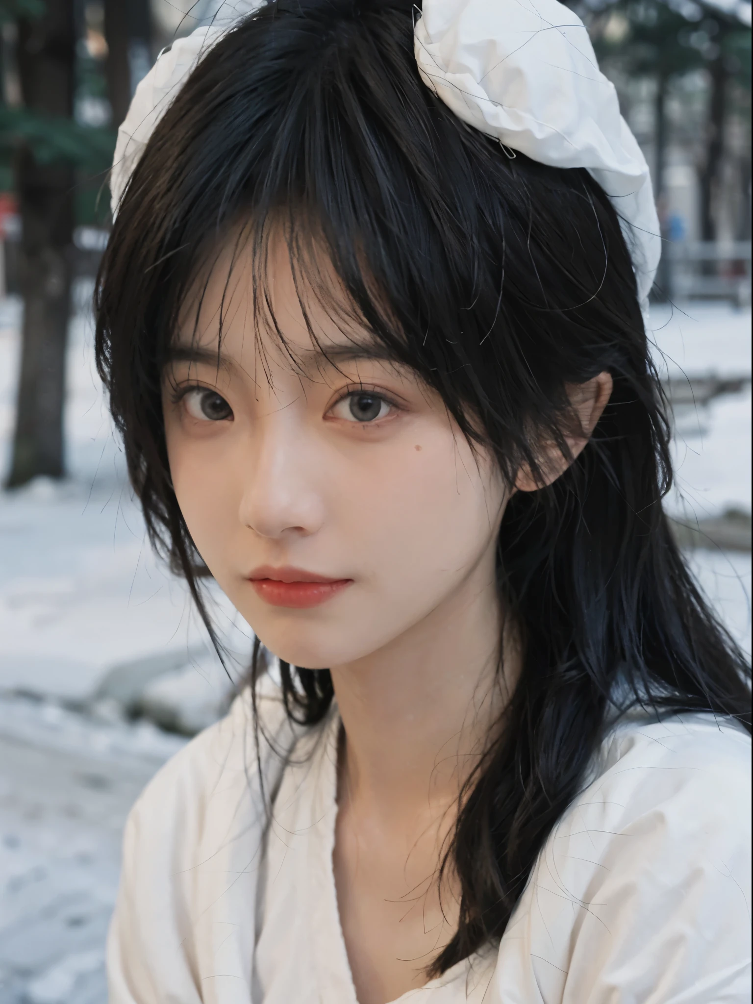 Best quality， 超高分辨率， white backgrounid，（realistically：1.4）， girl， A pair of eyes as clear as snow,Imperial sister，Black long straight， looking at viewert， close up ，