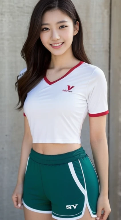 A woman with the same face as last time,4K、1Man Woman、A slender、 Loose wavy styling, Ecstatic expression、Photo wearing red and white shirt and shorts, white t-shirt with red sleeves, Tight shirt, Open V chest clothes,I'm not wearing anything inside、Be braless、Nipples are erect、Sporty, sports wear,Closely attached、 Short sleeves, white red, wearing white v - neck top, mid shot portrait, In shorts, かわいいsports wear, Tight shirt, taken with sony alpha 9, perfectly proportions, 、captivating and enticing、FULL BODYSHOT、Including face and skin texture.,Detailed eyes、A smiling face
