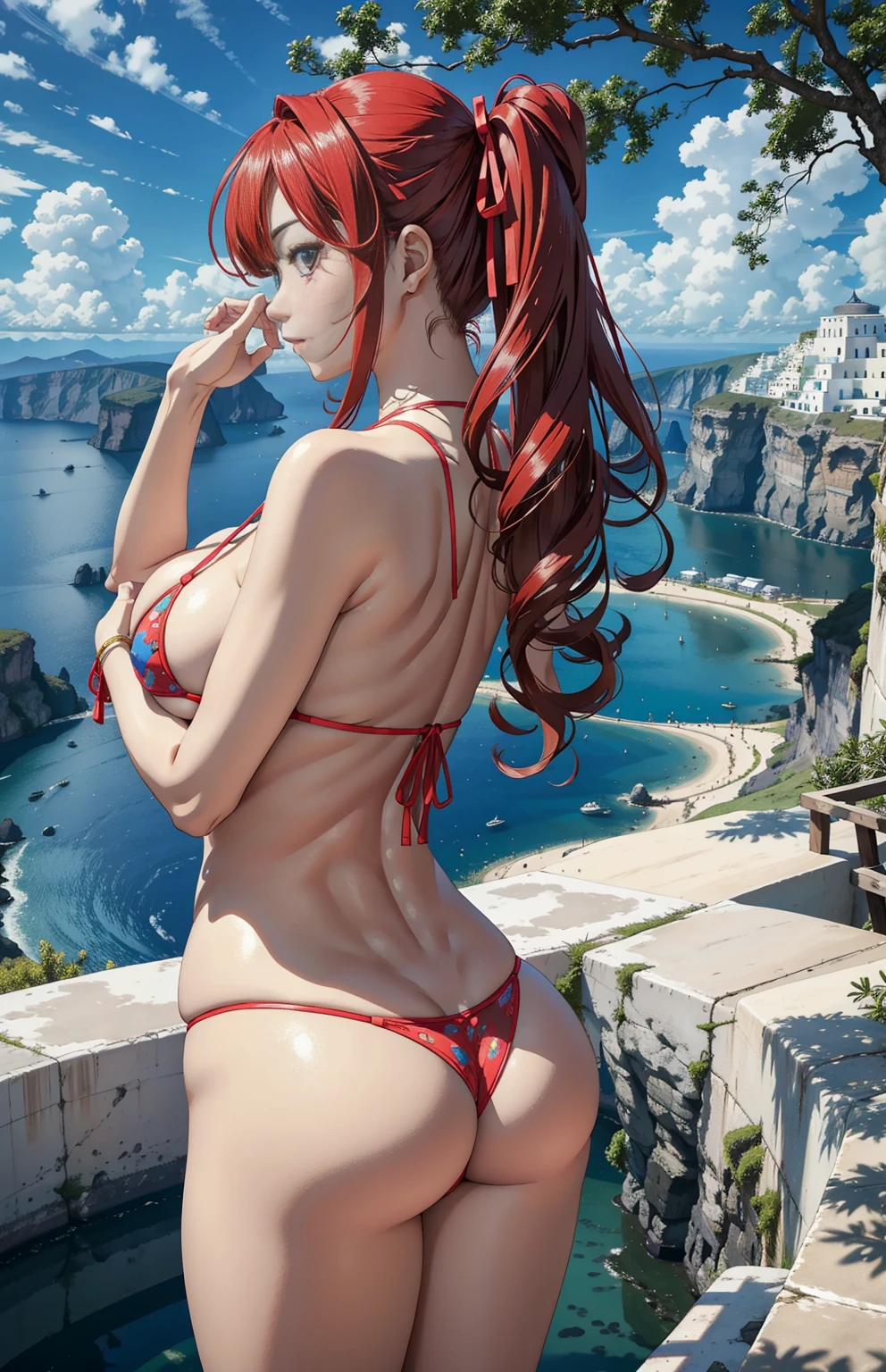 (tmasterpiece, 最好's质量, ultra - detailed, 8k wallpaper, realistically), (from back), 1 girl, Curvy but slender, 巨The large's,huge-breasted,The large, curlies, shairband, bangle, printed colorful micro bikini, Santorini Beach, raise both arms, comparing, 's, 自然柔和's光线, skylines, natta