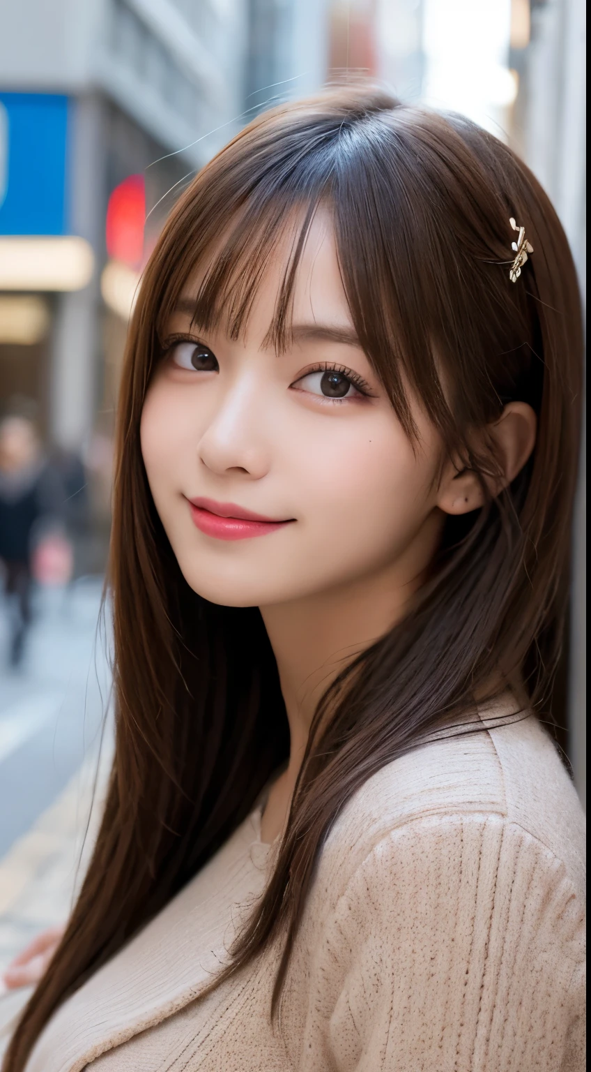 masutepiece, Best Quality, Illustration, Ultra-detailed, finely detail, hight resolution, 8K Wallpaper, Perfect dynamic composition, Beautiful detailed eyes, tokyo fashion(Winter clothes),Medium Hair,Small breasts natural color lip, Bold sexy poses,Smile,Harajuku、20 years girl、Cute、Sexy shot looking at camera