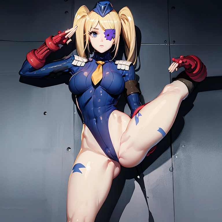 ultra-detailed, Explicit, Beautiful body, Beautiful Nose, Beautiful character design, perfect eyes, perfect face, ultra highres, 4K, beautiful legs, perfect legs, Nice hands, Perfect hand, Masterpiece, Best Quality, Highly detailed, illustration, absurdres, street fighter, doll suit, shadaloo doll, dollsuit, expressionless, blank eyes, looking at viewer, red gloves, emotionless, black latex, corrution, mind control, female combatant, full body, hypnotized, unhappy trance, full body suit, ribbed bodysuit, both arms at side, obey, perfect female body, extremely glossy latex, hypnosis, hypnoLora, empty eyes, Mind control device, poses, submissive_pose, Slave, hat, necktie, stand up straight, standing, standing at attention, hat, necktie, belt, latex, ribbed bodysuit, thighhighs, garter belt, Fighting Stance, extending the right arm from the shoulder into the air with a straightened hand, nazi saluting, military, military saluting, salute, thigh boots, 1girl, Nui Harime, Kill la Kill, twin tails, blonde hair, very long hair, blue eyes, drill hair, eyepatch