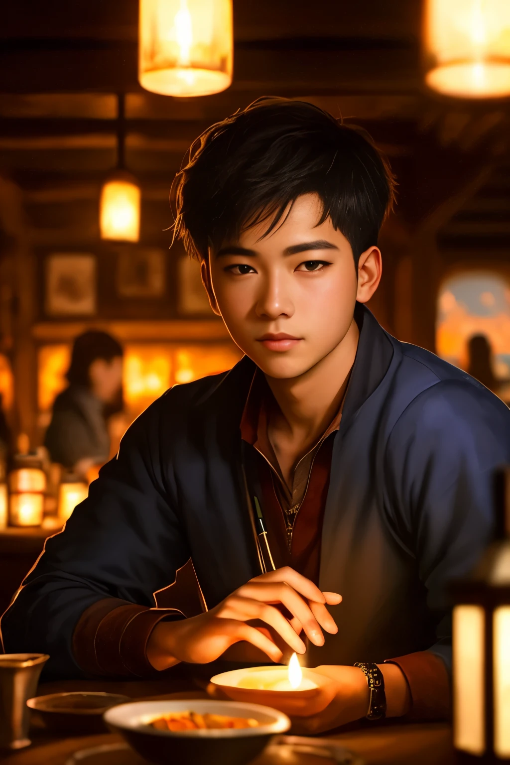 photo by JernauKrisStew, a ( Handsome guy, 15 years old), in a tavern, in the style of modelshoot, (extremely detailed CG unity wallpaper 8k), a photo of the most beautiful work of art in the world, majestic professional oil painting by Ed Blinky, Atey Ghailan, Studio Ghibli, Jeremy Mann, Greg Manchess, Antonio Moro, Trending on ArtStation, Trending on CGSociety, intricate, very detailed, Sharp focus, dramatic, photorealistic painting by Midjourney and Greg Rutkowski, Low light, illuminated torches ((Medieval tavern)), (Looking at the viewer), (Close-up)