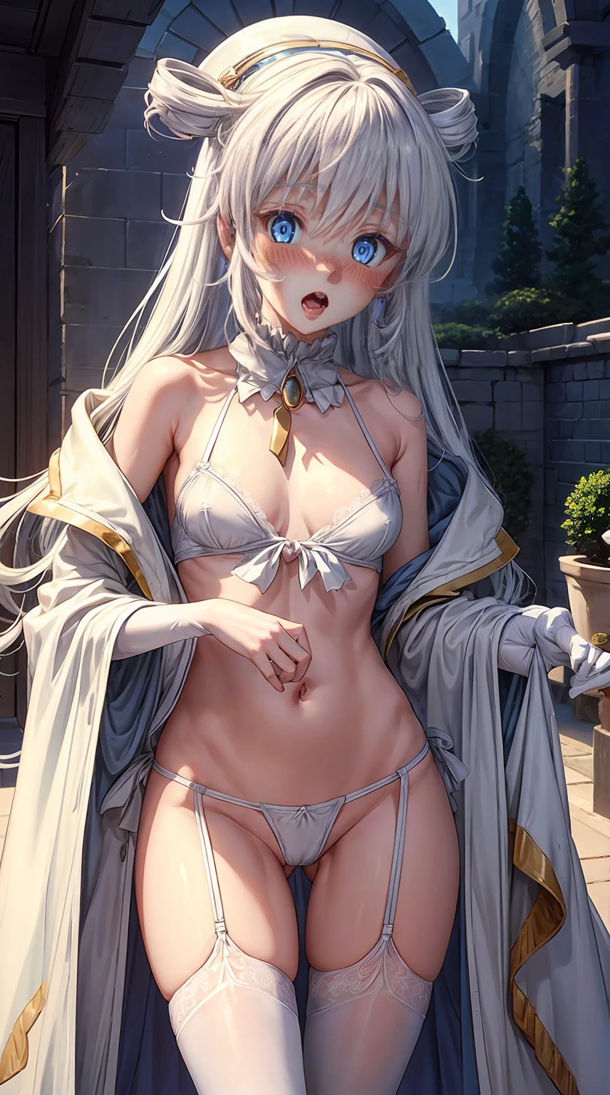 8K, Ultra High Definition, Super detailed, Shiny detailed hair, detailed face, fantasy landscape, solo, looking at viewer, {{best quality}}, {{masterpiece}}, {{ultra-detailed}}, {detailed light}, ultra high quality eyes, detailed eyes, perfect eyes, large eyes, detailed blue eyes, white hair, long hair, adorned hair, beautiful, skinny body, white skin, slutty, erotic, standing in suggestive, in lingerie, lingerie, blushing, open mouth, ahegao, nsfw