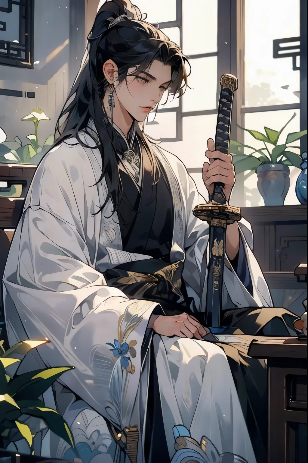 (Best quality,A high resolution,The image is clear，:1.2),A handsome young man holding a sword，Chinese-style clothes，high ponytails，natta，Garden scene,under moonlight,starrysky