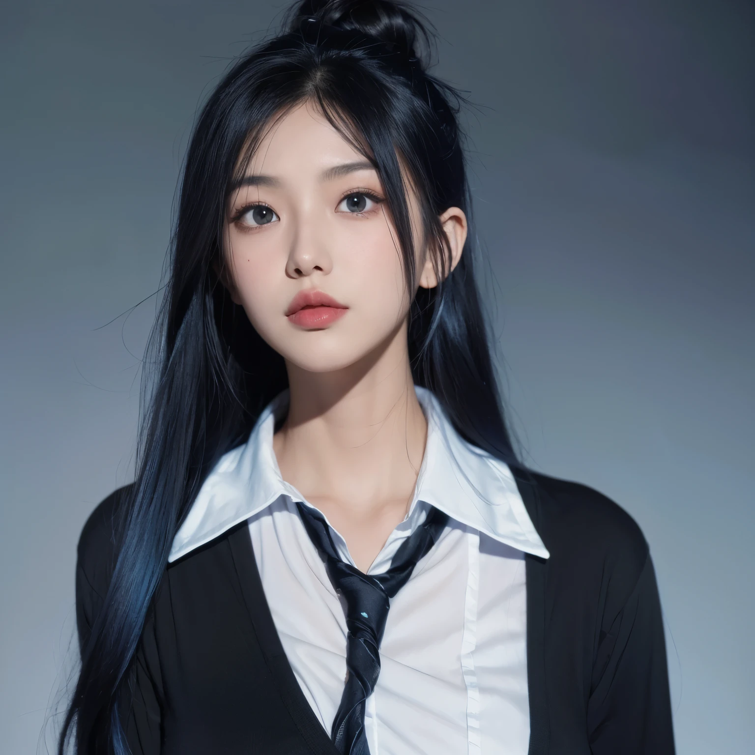 black shirt(There's a tie on the shirt),Long blue hair(There are two horizontal black hairpins hanging on the right side of the hair.),There is a mole on the left eye,