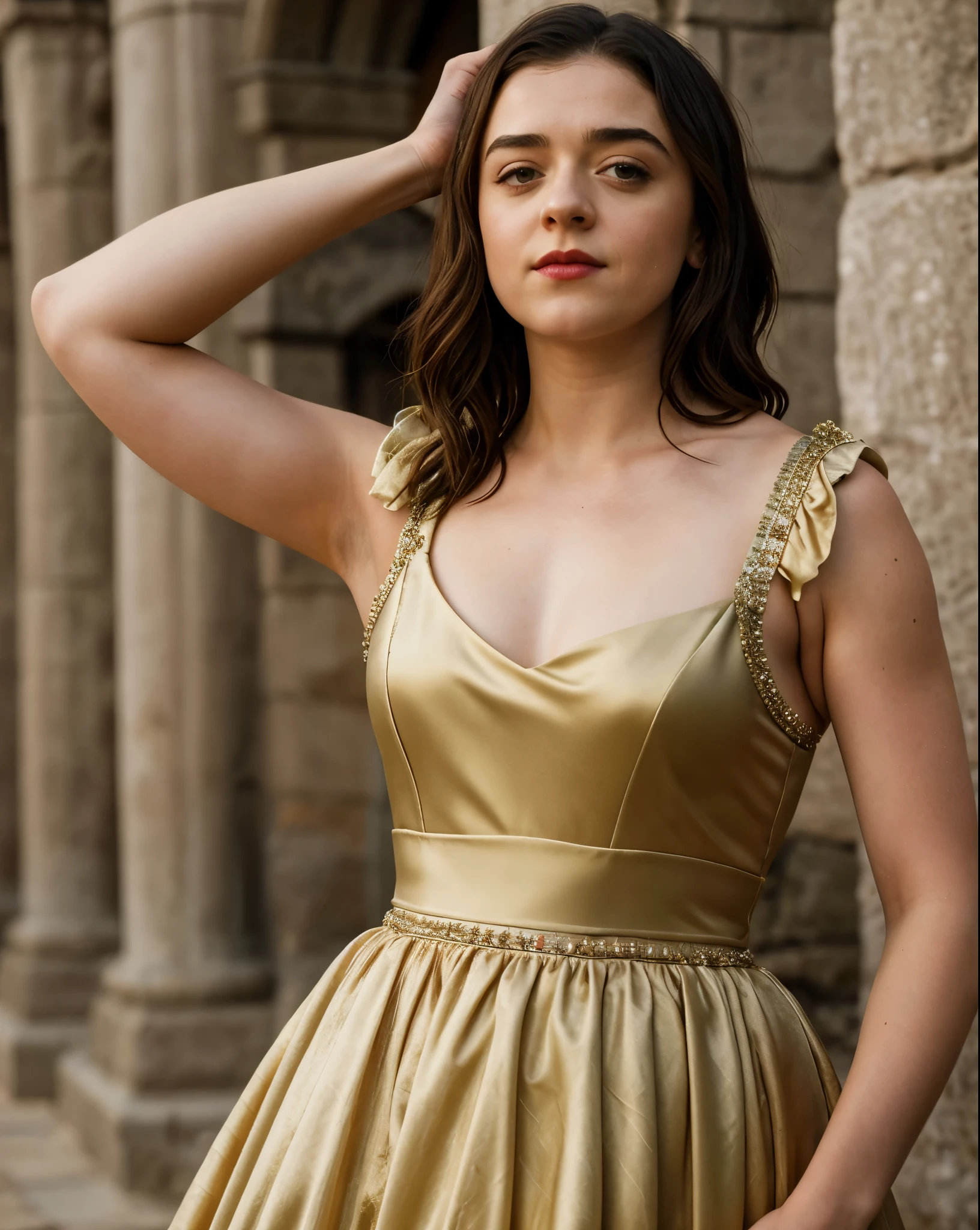 Foto RAW, RAW photograph of Maisie Williams, Arya Stark, mediaeval world cinematic background, Extremely gorgeous lady, Arya Stark PLAYED BY MAISIE WILLIAMS, Queen Arya Stark, she a mature woman now, milf, sexy mediaeval battle dress, gladiator woman, body, 40 years old Woman, body revealing costumes, perky breast, skin pores, big natural breast, erotic costumes, lusty physique, seductive figure can capture every people's attention, Game of thrones costumes, revealing captivating figure, Mediaeval costumes, revealing clothes, A tomboy, she would rather fence than dance, red lips, warrior queen , game of thrones screen caps, Game of Thrones Series, (pele altamente detalhada: 1.2), 8k UHD, DSLR, soft-lighting, alta qualidade, grain of film, Fujifilm XT3, flawless picture, highly detailed, detailed Beauty, intricate, 32k, sharp picture,