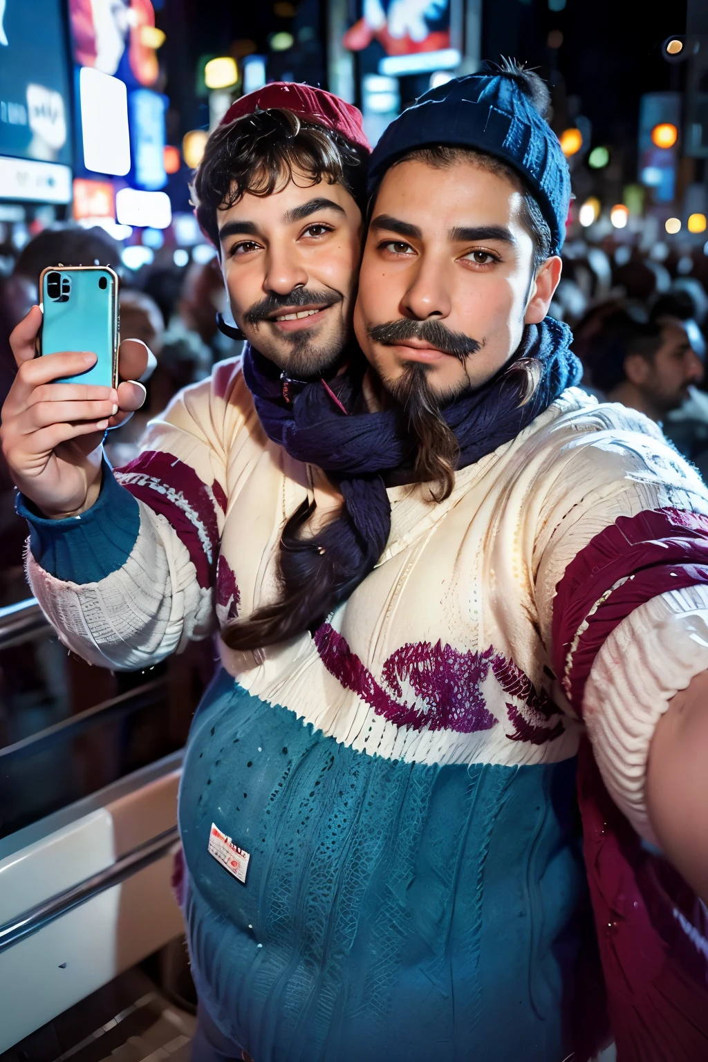 realisticlying、43-year-old American chubby male,  ((facial hair:1.4)),   ((body hair)),  (( taking a selfie in the middle of a very busy crowd of people celebrating new years eve at times Square in New York city) ),  holding a champagne glass in the air,, short  hair  、 ((curly brown hair)), ((baggy eyes, brows feet, chin dimple,)), elegant winter Wea, , Smile、 , two heads, ((2heads)),conjoined dicephalus, ((chubby, overweight, plump)),((wide shoulders) ),((wide torso)), hyperrealistic,masterpiece,8k,((((big bulge)))), snowy and windy, wearing an oversized colorful scarf, red knit cap, blue knit csp