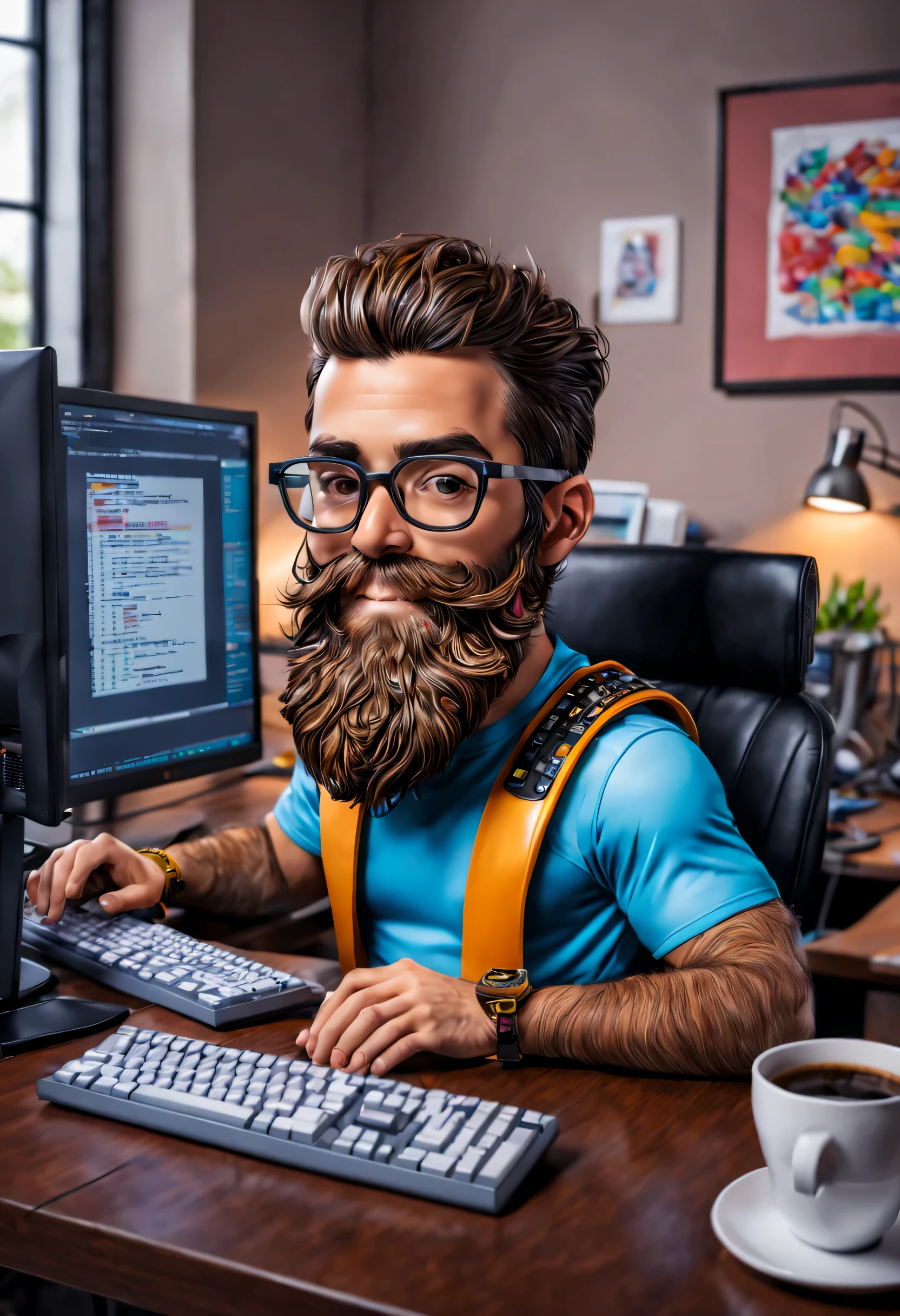 Foto premiada, Una caricatura colorida y divertida de un joven programador sentado en su escritorio.. sobre la mesa: una computadora compuesta por (1 teclado, 1 monitor, 1 taza de cafe), Piel detallada, poros de la piel, barba larga, intrincado, foco nítido, Altamente detallado, ..3D.