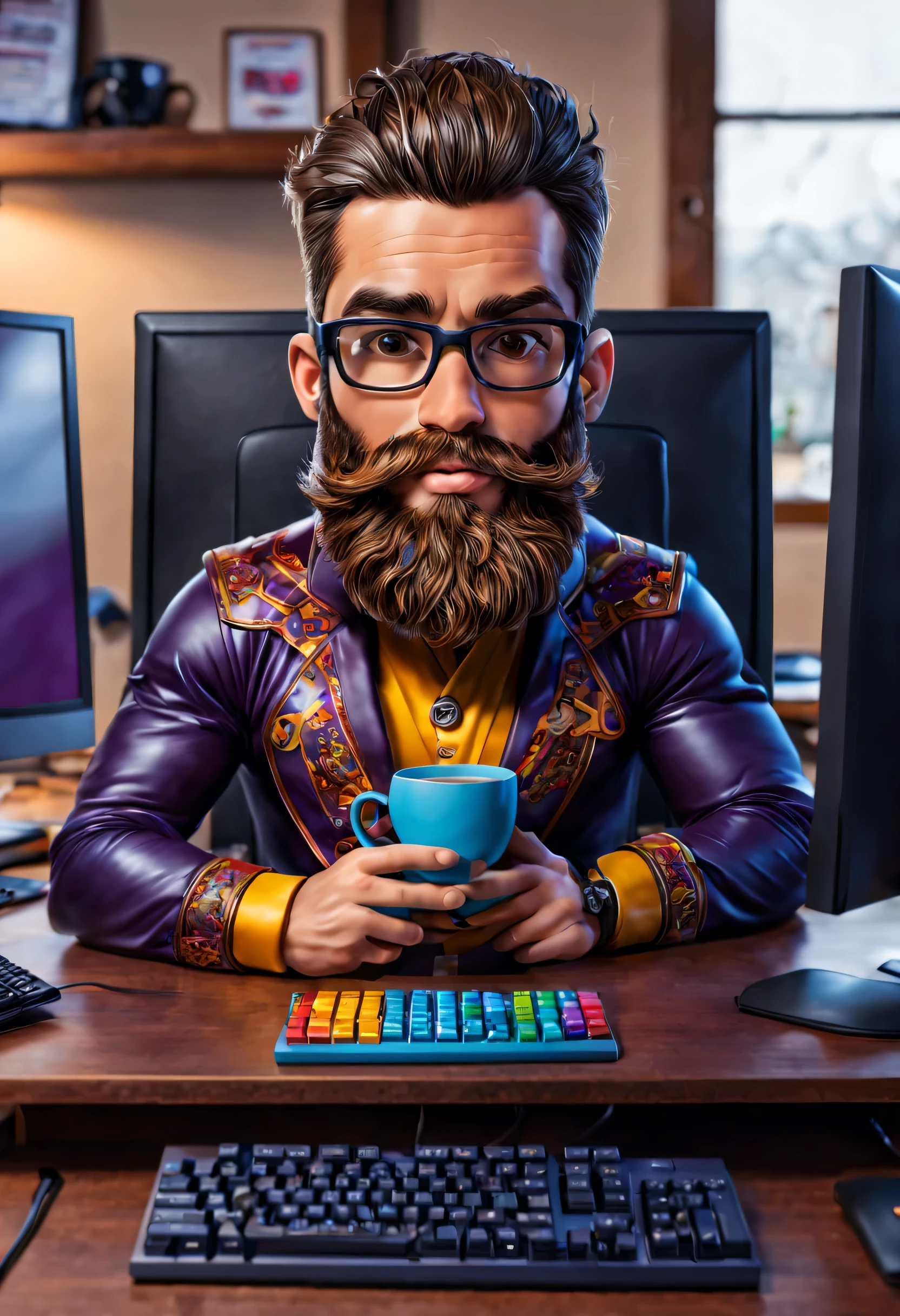 Foto premiada, Una caricatura colorida y divertida de un joven programador sentado en su escritorio.. sobre la mesa: una computadora compuesta por (1 teclado, 1 monitor, 1 taza de cafe), Piel detallada, poros de la piel, barba larga, intrincado, foco nítido, Altamente detallado, ..3D.