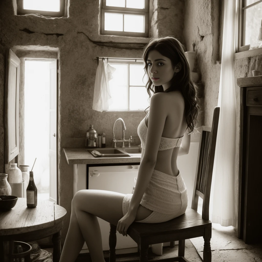 Full body of a Syrian WOMAN of ancient times sitting sexy on a chair in an old ancient kitchen of the 19th century, she is completly naked, brown curly hair, the hair covers partly her shoulders, very small skinny, very small boobs, exposed cleavage, old kitchen, natural skin texture, there is a window at the back of the room, the sun cover half of the womens body, she looks into the camera, 24mm, 4k textures, soft cinematic light, RAW photo, photorealism, photorealistic, intricate, elegant, highly detailed, sharp focus, ((((((cinematic look)))), soft tones, insane details, intricate details, hyperdetailed, low contrast, soft cinematic light, bright colors, exposure mix, hdr, faded