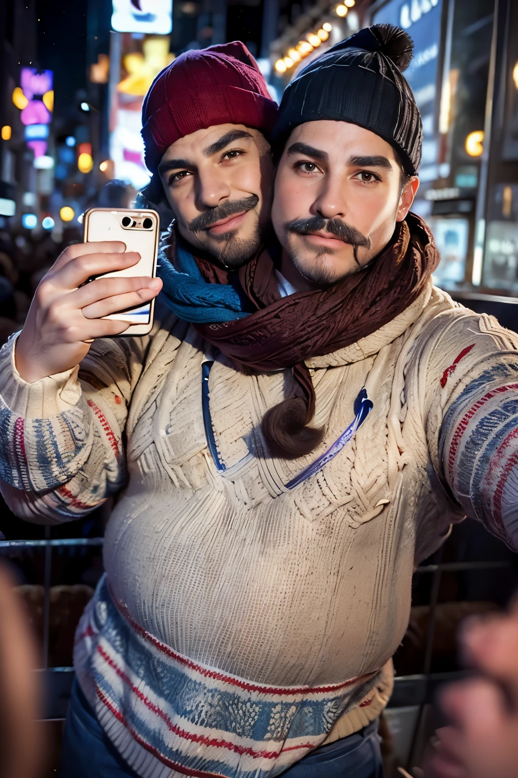 realisticlying、43-year-old American chubby male, ((facial hair:1.4)), ((body hair)), (( taking a selfie in the middle of a very busy crowd of people celebrating new years eve at times Square in New York city) ), holding a champagne glass in the air,, short hair 、 ((curly brown hair)), ((baggy eyes, brows feet, chin dimple,)), elegant winter Wea, , Smile、 , two heads, ((2heads)),conjoined dicephalus, ((chubby, overweight, plump)),((wide shoulders) ),((wide torso)), hyperrealistic,masterpiece,8k,((((big bulge)))), snowy and windy, wearing an oversized colorful scarf, red knit cap, blue knit csp
