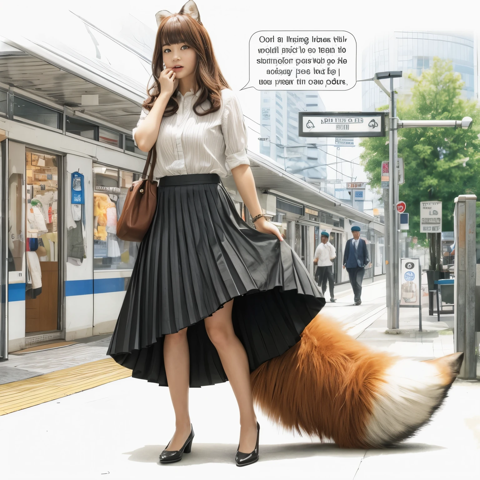 A woman wearing a pleated skirt with a fox tail, Anthropomorphic fox, けもの, Realistic, a picture, top-quality, Her pleated skirt is flipped up and her tail.:1.5 ,Realistic tail, small tits, slender, White panties, tail, Bushy tail, Realistic tail,Small face:1.5, Surprised face