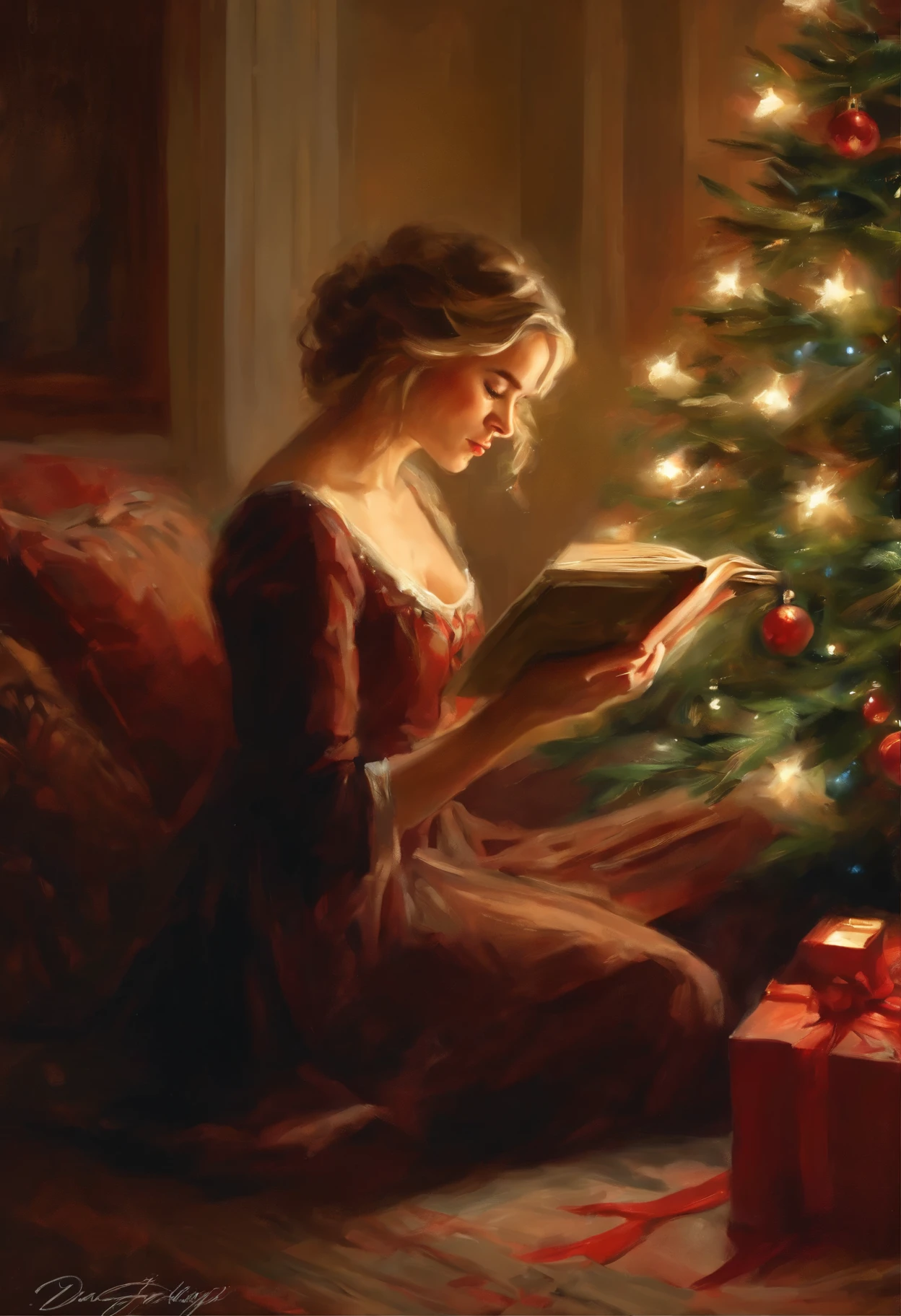 painting of a woman reading a book in front of a christmas tree, steve henderson, festive atmosphere, danile gerhartz, by Cynthia Sheppard, magali villeneuve', by Daniel F. Gerhartz, daniel gerhartz, by Ernest William Christmas, inspired by mark keathley, christmas, christmas night, by Delphin Enjolras