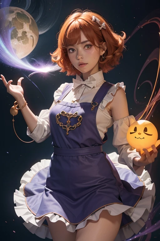 concept art, overhead angle of a Will-o'-the-wisp, wearing Funny Somali Emerald deep orange Pinafore, Caramel hair styled as Short hair, fluorescent purple Hair tie, equirectangular 360, Highres,  [(art by Willi Baumeister:1.1), (art by John T. Biggers:1.2)::17], official art, unity 8k wallpaper, ultra detailed, aesthetic, masterpiece, best quality, photorealistic
