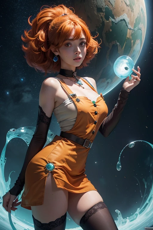concept art, overhead angle of a Will-o'-the-wisp, wearing Funny Somali Emerald deep orange Pinafore, Caramel hair styled as Short hair, fluorescent purple Hair tie, equirectangular 360, Highres,  [(art by Willi Baumeister:1.1), (art by John T. Biggers:1.2)::17], official art, unity 8k wallpaper, ultra detailed, aesthetic, masterpiece, best quality, photorealistic