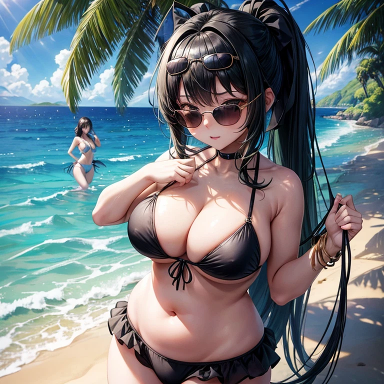 Mare、Sheer sunlight、particles dance、girl with、poneyTail、Breasts are large、plump、A dark-haired、Green inner color、The bikini、chest protrudes、teats、Sunglasses on the head、perspiring
