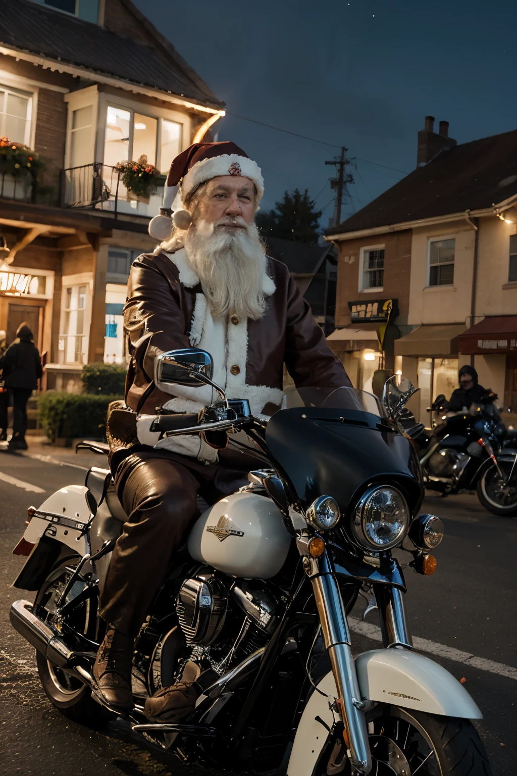 santa claus, ridding with Harley-Davidson motorcycle, with the angel, background is midnight, with the aurora, give the picture is realistic, HD, 4k, Highly detail, and colorful