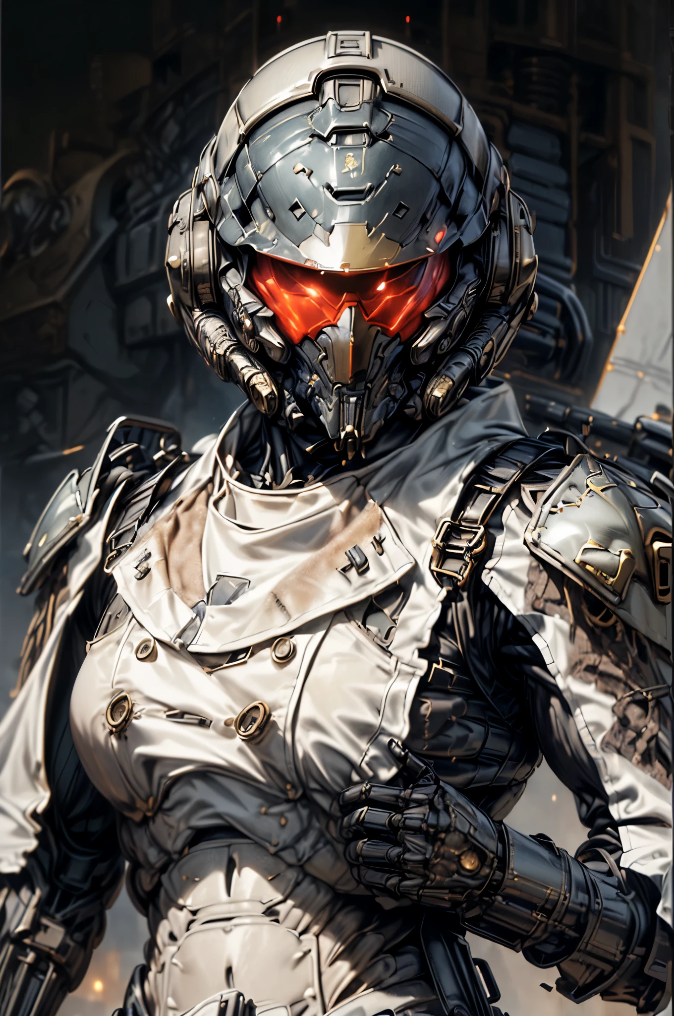 (((An epic and visually stunning digital anime masterpiece featuring a sylphlike masculine ((male:1.5)) decorated military steampunk cyborg soldier clad in a sleek yet tactical armored yet decorated red leather military trench coat:1.6))), (((flat masculine male chest:1.5, mechanical knight full head helmet, mecha knight helmet with a perfectly symmetrical narrow visor:1.5))), (((the character adorned in a (scifi tactical armored open front trench coat with a built in exoskeleton:1.5) (over a form fitted armor plated yet super sleek and revealing under suit with waist cut outs:1.3), the armor is beautifully engraved:1.4))), ((thin and sleek feminine male with a thin waist:1.2)), The image showcases the intricacies of the character’s armor and clothing:1.5, ((capturing their flamboyant essence and heavy mecha aesthetic:1.2)). The character also possesses an androgynous charm, (((with slim heavily ripped physique:1.2, sylphlike with a sleek waist, toned yet slim and beautifully sleek cybernetic arms:1.3, mechanical arms and legs:1.3, mecha muscles:1.3))), (((brass metal armor and red leather:1.3))), (((depth of field, cinematic lighting, chromatic aberration, ray tracing, UHD, beautiful masterpiece, stunning beauty, exquisite detail, super detail, high details, high quality, award winning, 8k, highres, perfectly symmetrical:1.4)))