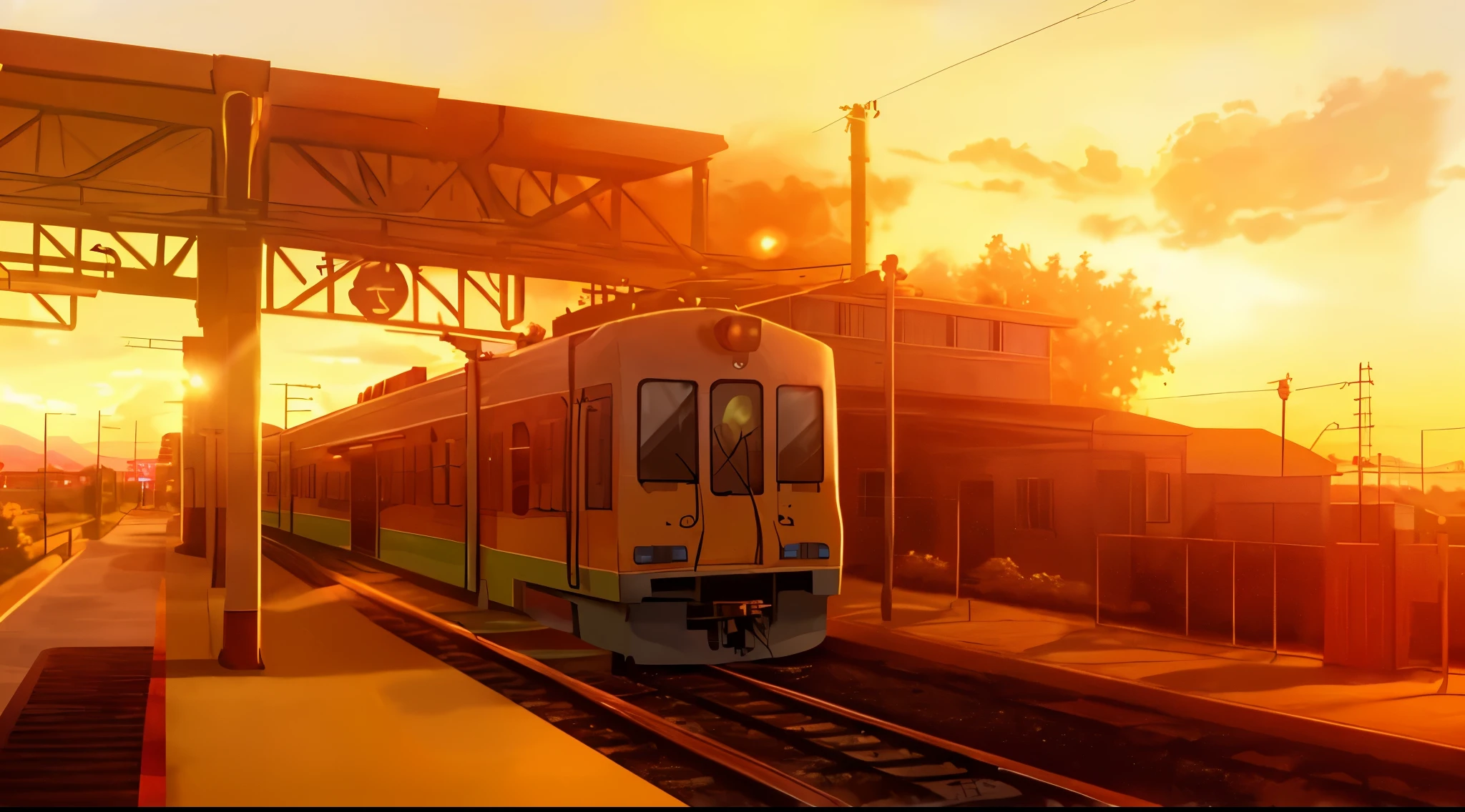 anime style railway station, sunset, golden hour, train, houses in background, anime, sunset